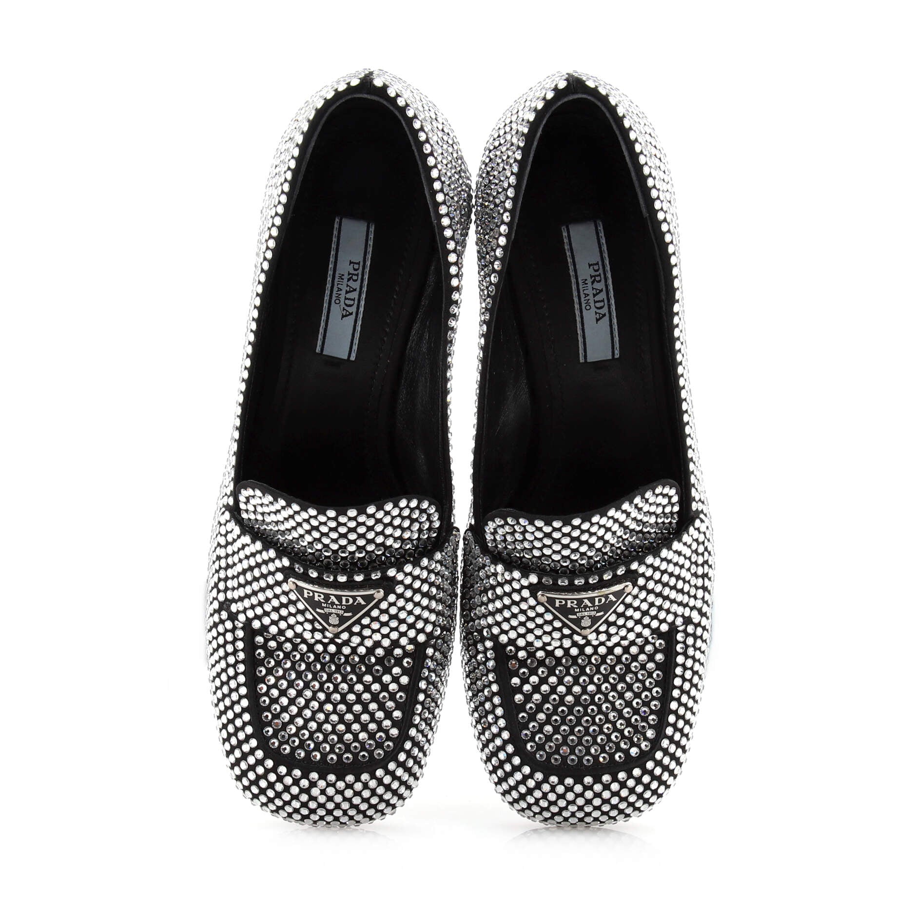 Women's Triangle Logo Block Heel Loafers Crystal Embellished Satin