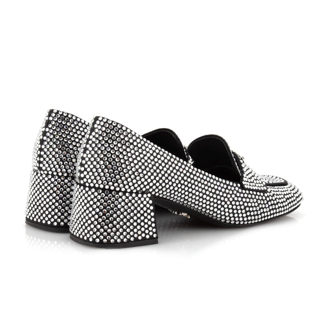 Women's Triangle Logo Block Heel Loafers Crystal Embellished Satin