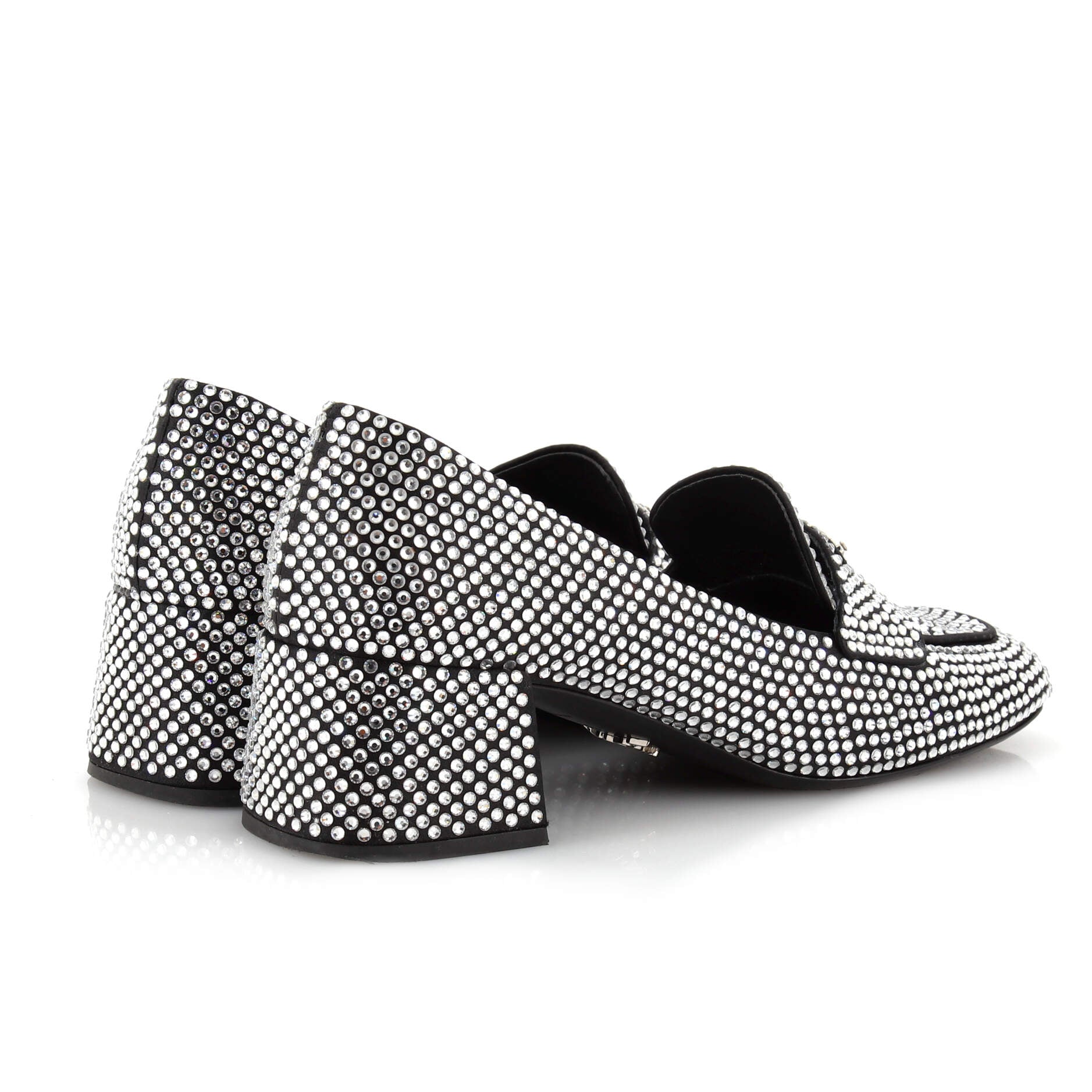 Women's Triangle Logo Block Heel Loafers Crystal Embellished Satin