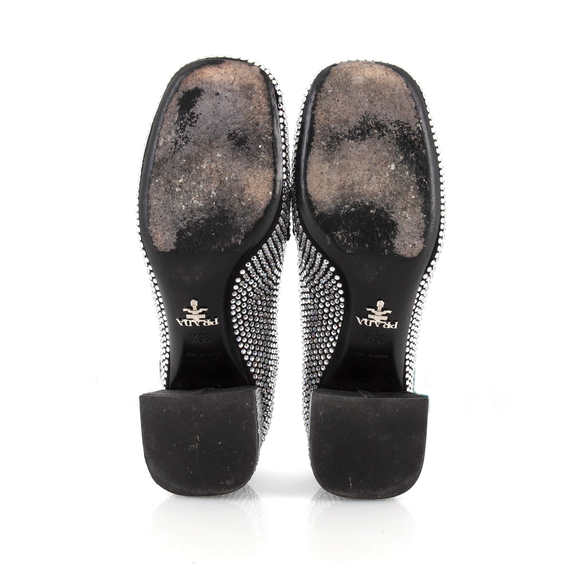 Women's Triangle Logo Block Heel Loafers Crystal Embellished Satin