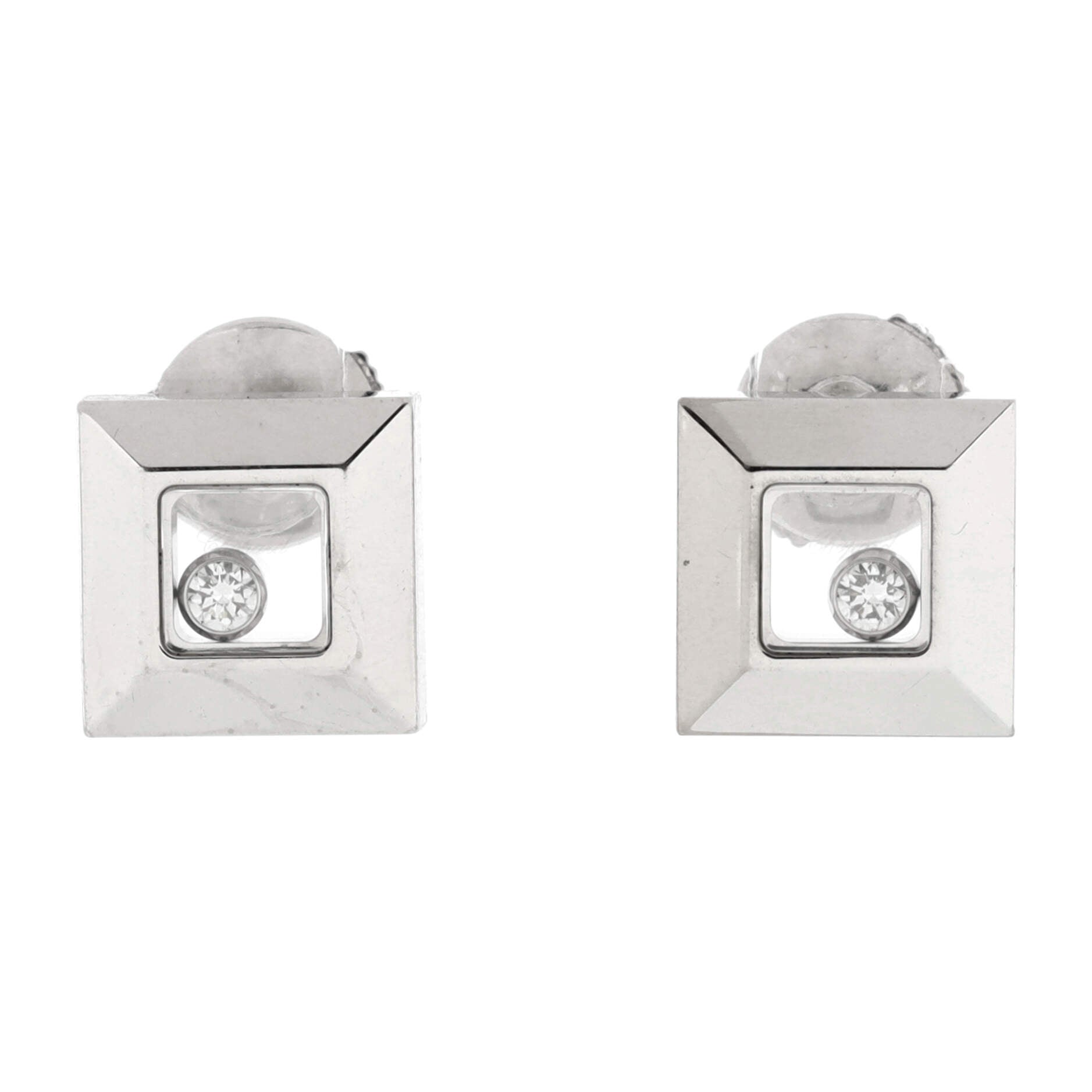 Happy Diamonds Square Stud Earrings 18K White Gold with 1 Floating Diamond