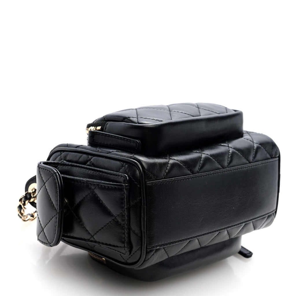 Shiny Crumpled Lambskin Quilted Small Preppy Pocket Camera Case Black