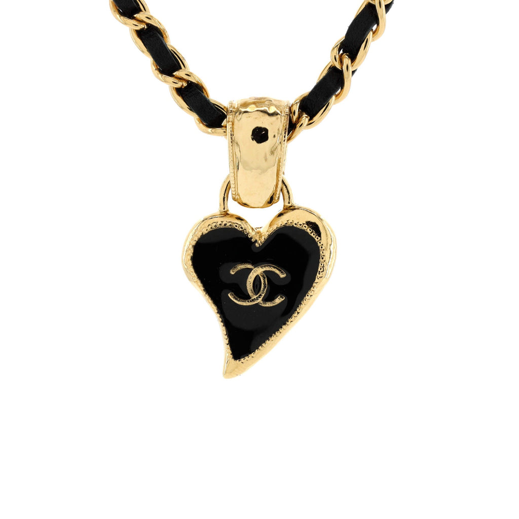 CC Woven Chain Heart Pendant Necklace Metal with Leather and Enamel