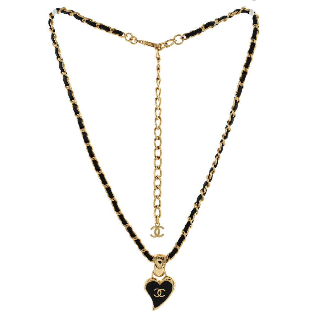 CC Woven Chain Heart Pendant Necklace Metal with Leather and Enamel