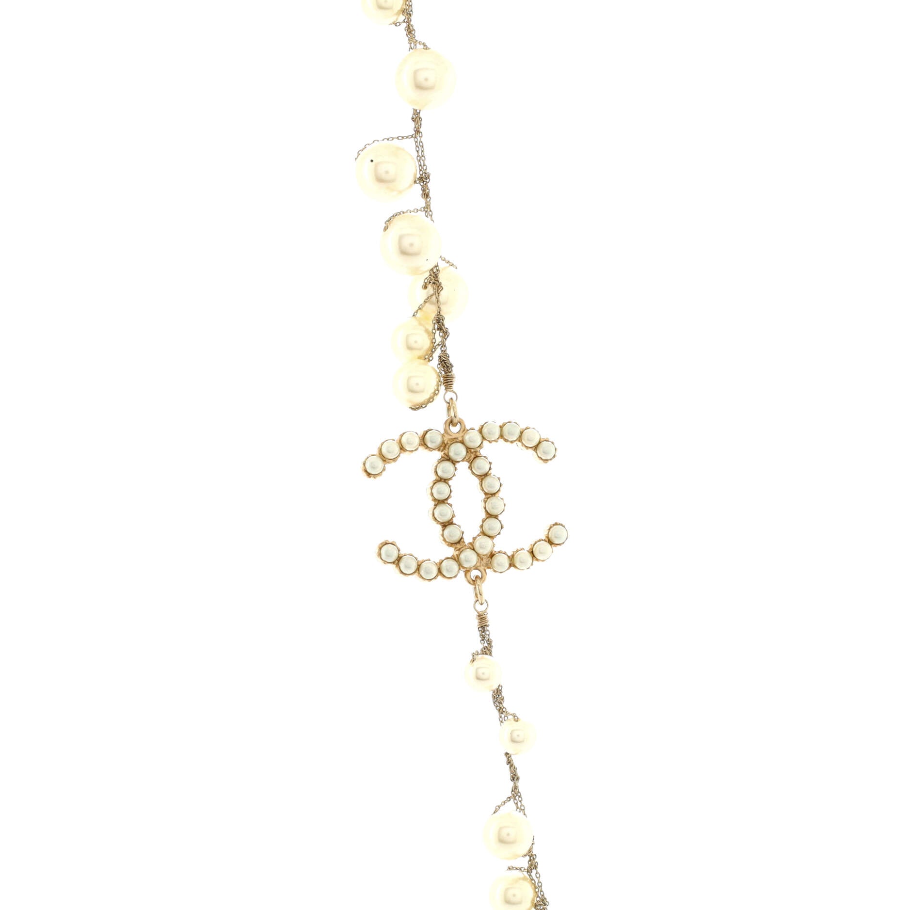 CC Single Strand Long Necklace Metal with Faux Pearls