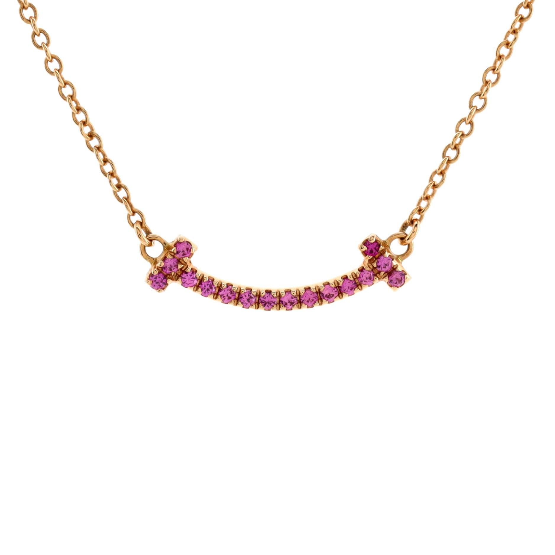 T Smile Pendant Necklace 18K Rose Gold with Pink Sapphires Mini