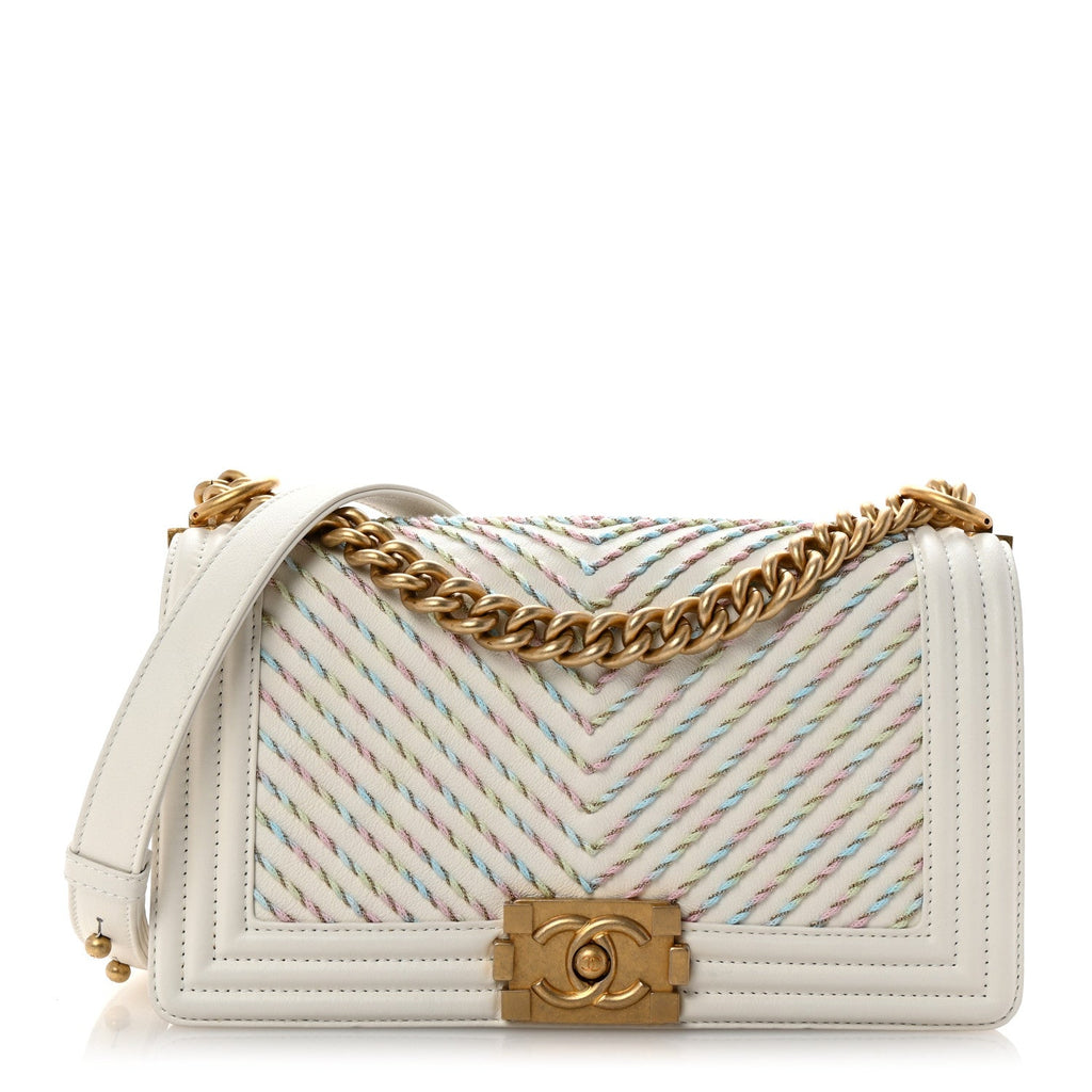 Calfskin Chevron Embroidered Medium Boy By The Sea Flap White