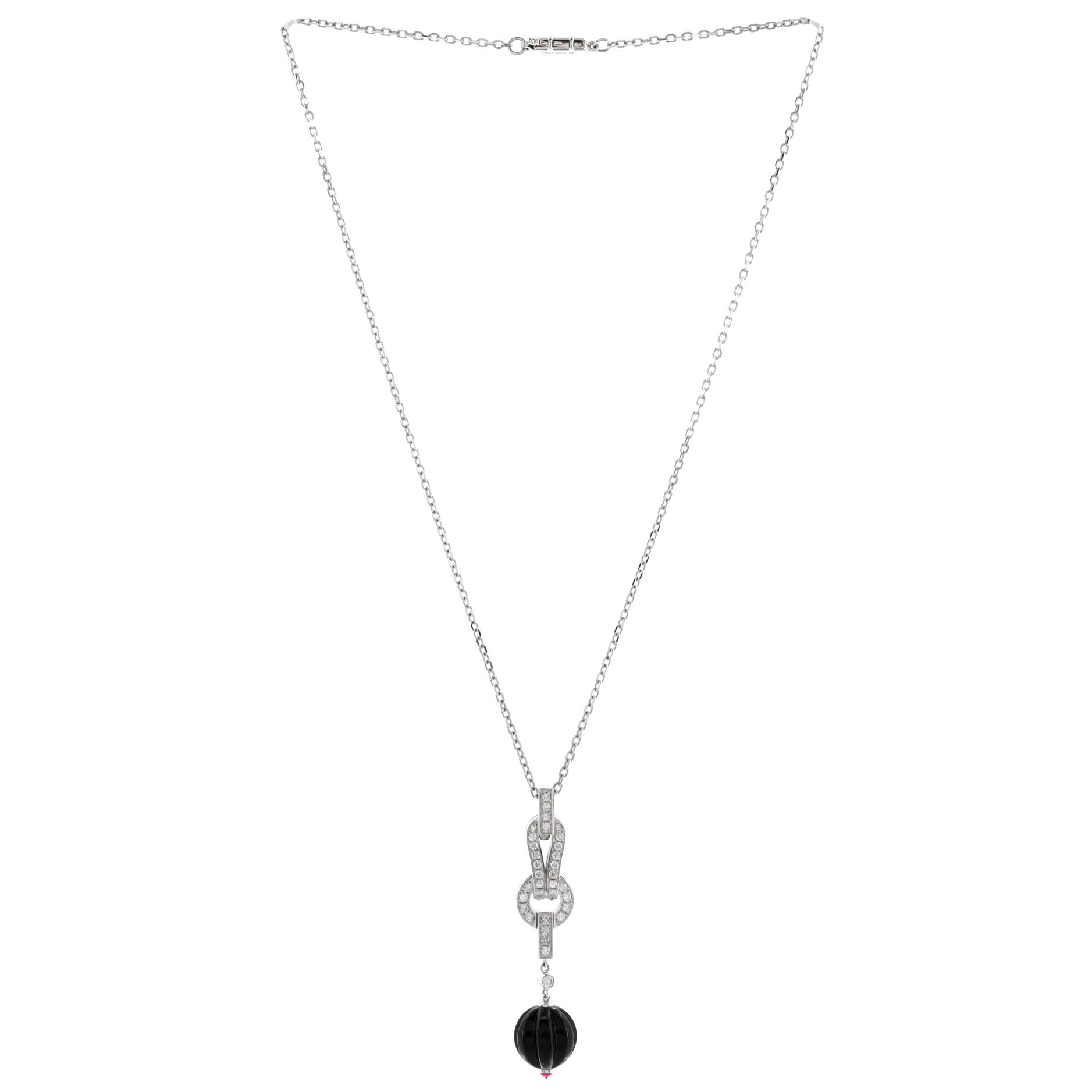 Agrafe Drop Pendant Necklace 18K White Gold with Diamonds, Onyx, and Rubelite