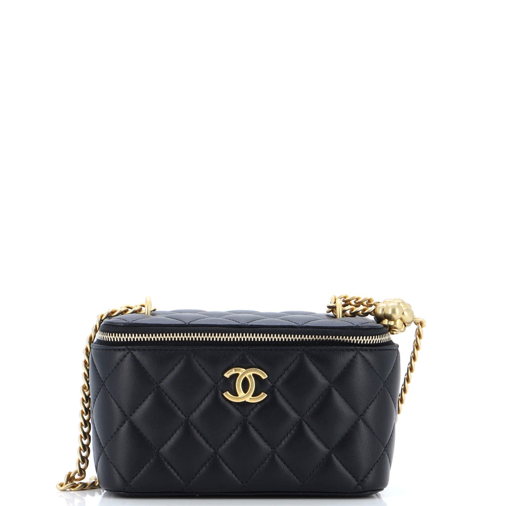 Sweet Camellia Adjustable Chain Vanity Case with Chain Quilted Lambskin Small