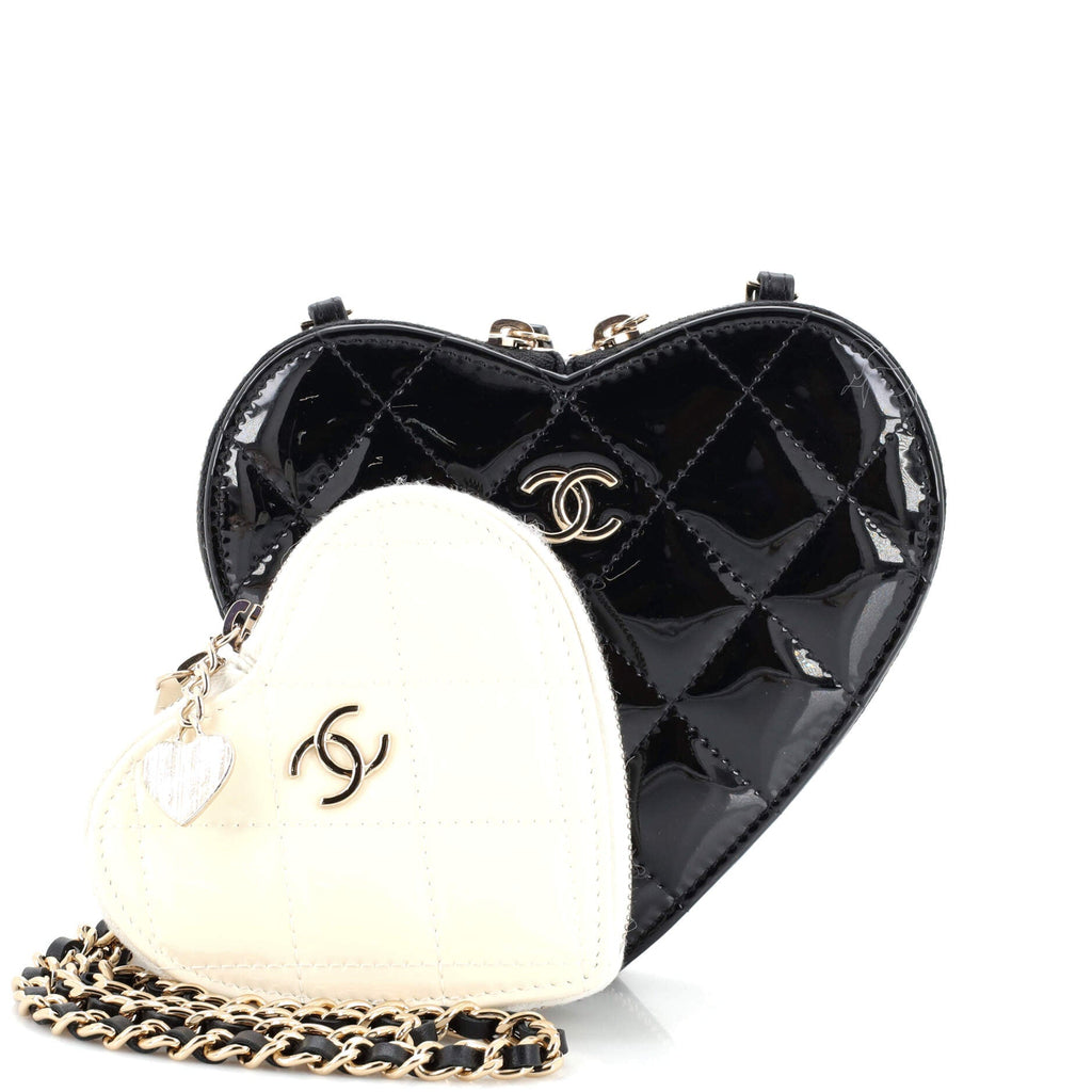 Double Heart Clutch with Chain Quilted Patent