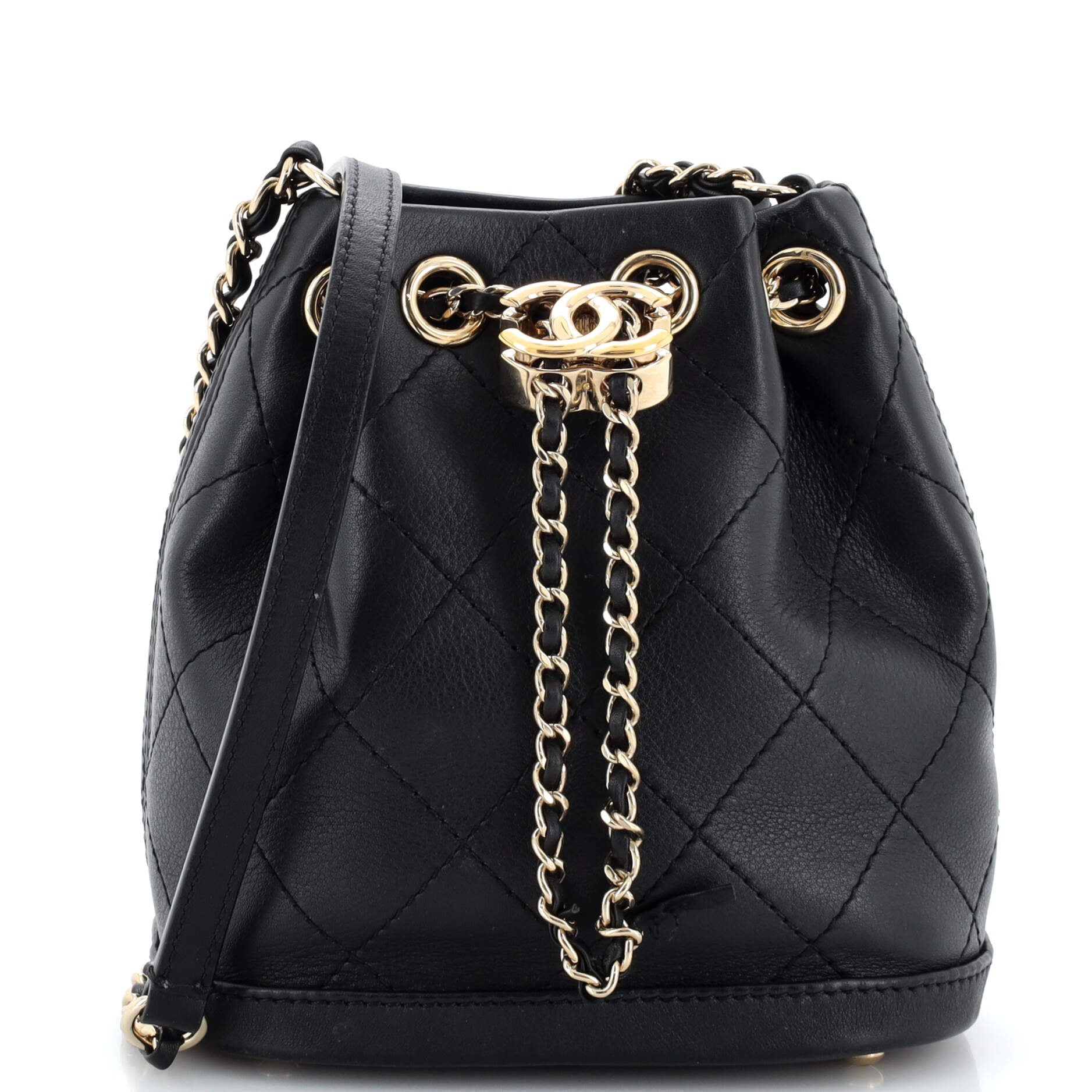 CC Drawstring Bucket Bag Quilted Calfskin Mini