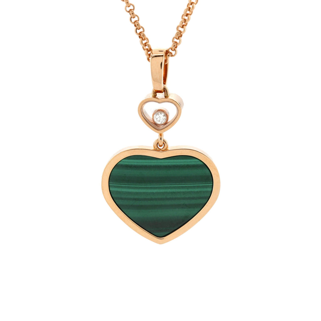 Happy Hearts Pendant Necklace 18K Rose Gold with Malachite and 1 Floating Diamond