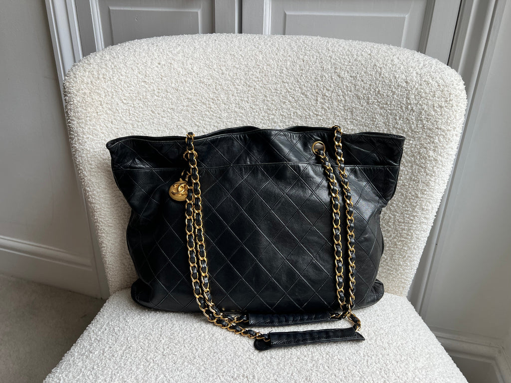 Chanel Vintage Black Lambskin Chain Tote with Gold Hardware