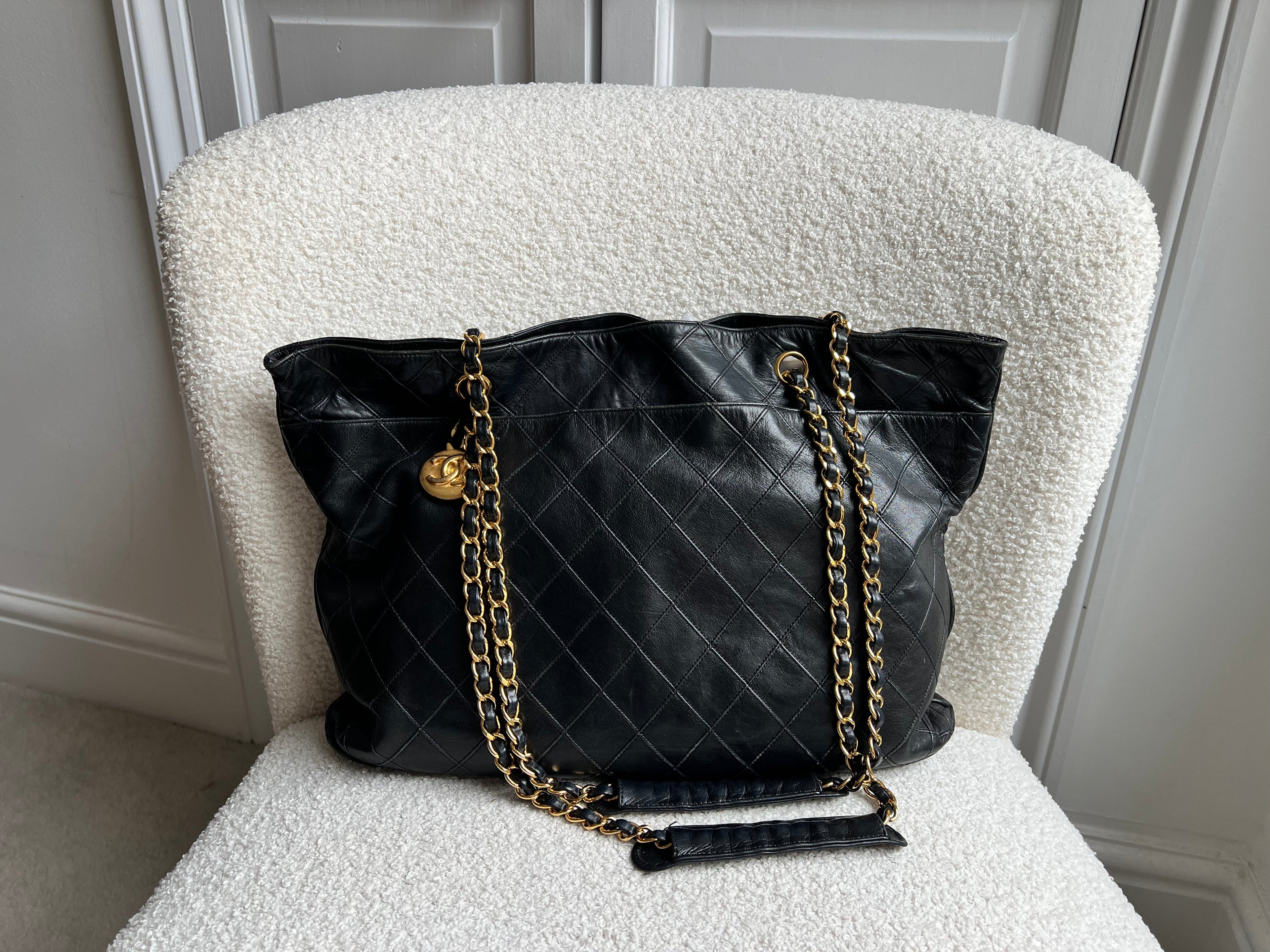 Chanel Vintage Black Lambskin Chain Tote with Gold Hardware