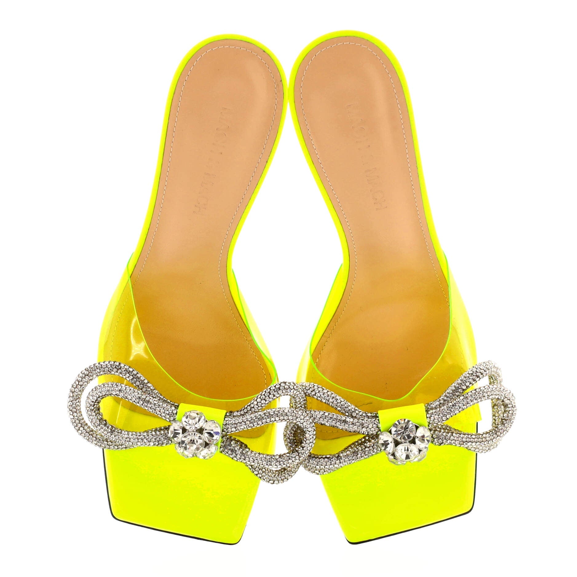 Women's Double Bow Square Toe Heeled Mules PVC 95