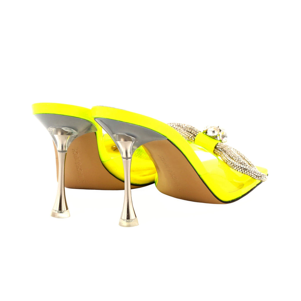 Women's Double Bow Square Toe Heeled Mules PVC 95