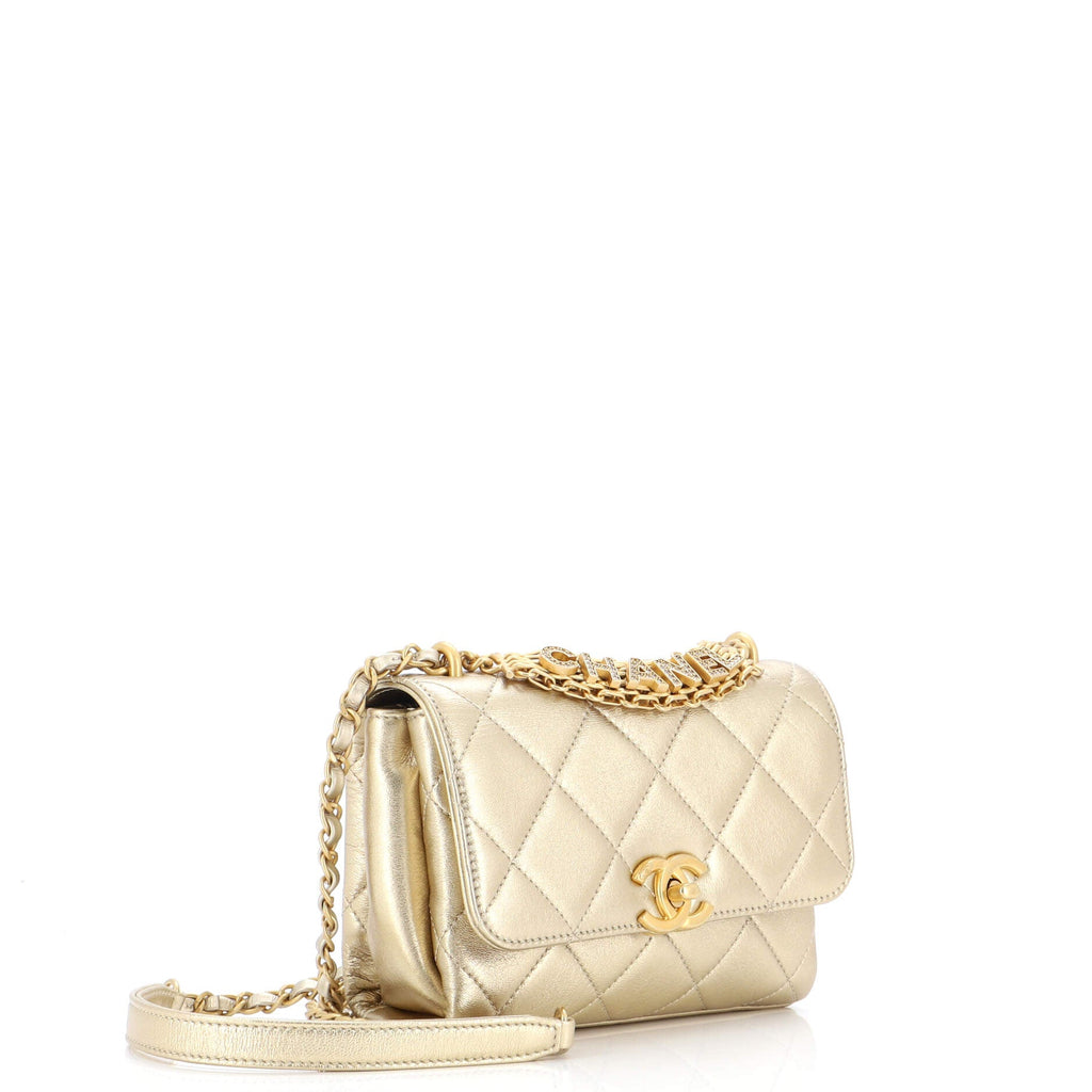 Crystal Logo Letters Chain Handle Flap Bag Quilted Lambskin Mini