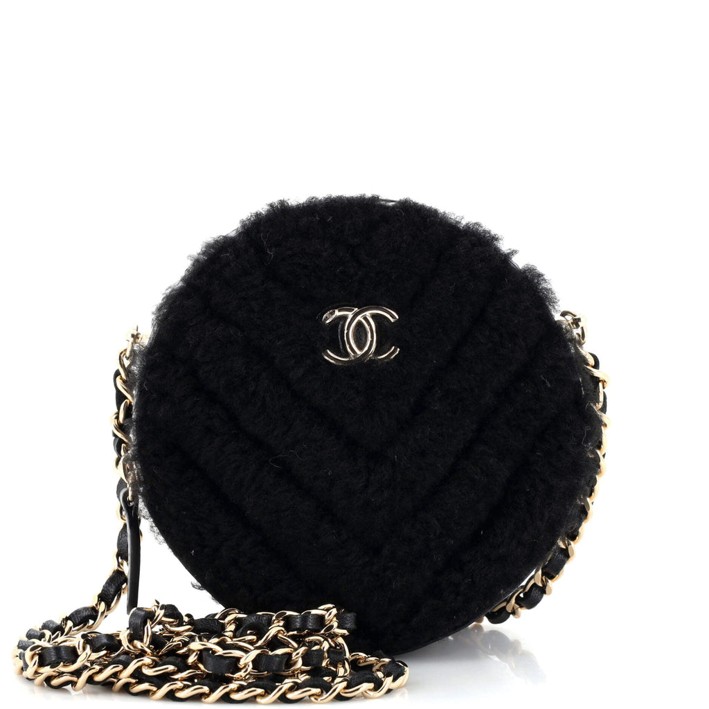 Round Clutch with Chain Chevron Shearling Mini