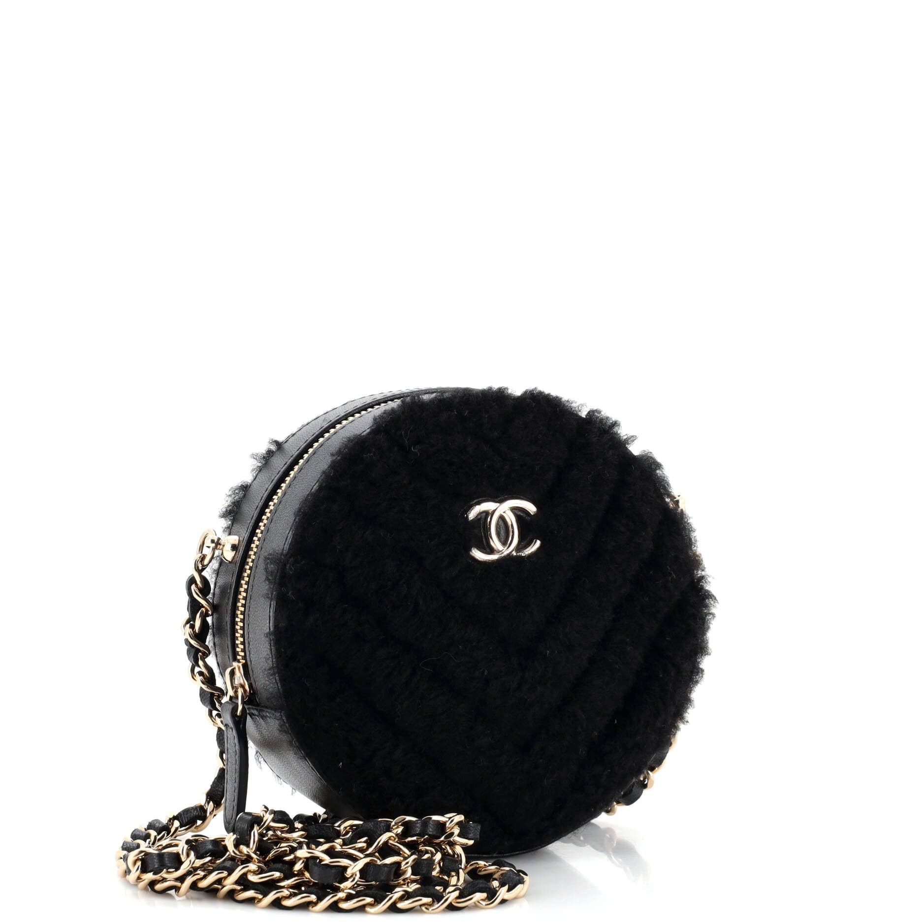 Round Clutch with Chain Chevron Shearling Mini