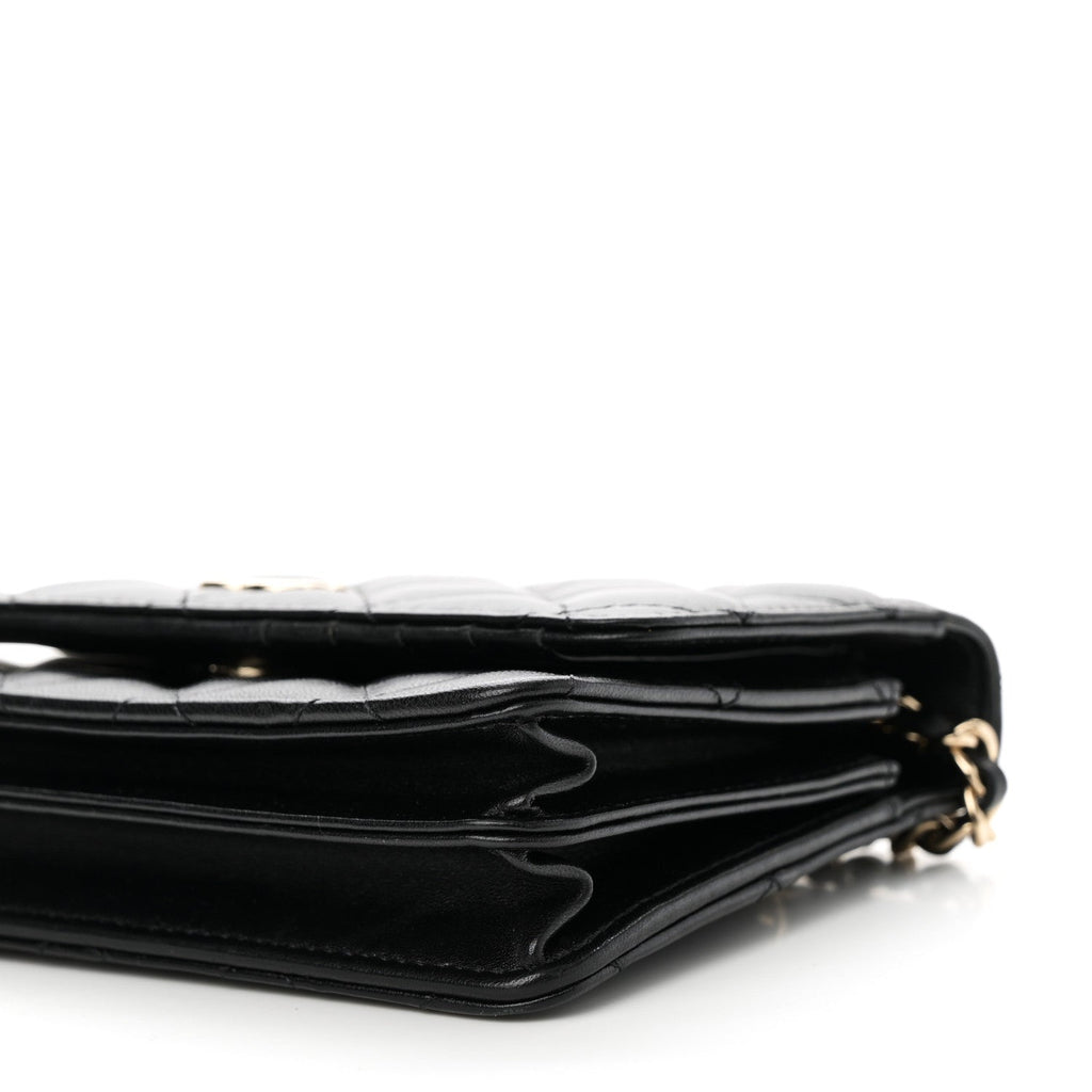 Lambskin Quilted Mini Camellia Bow Wallet On Chain WOC Black