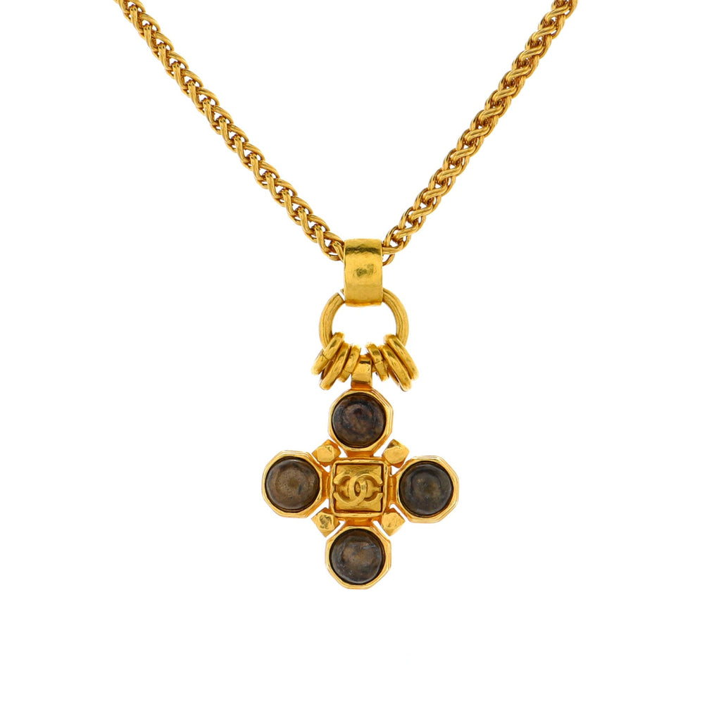 Vintage CC Cross Pendant Necklace Metal with Stone