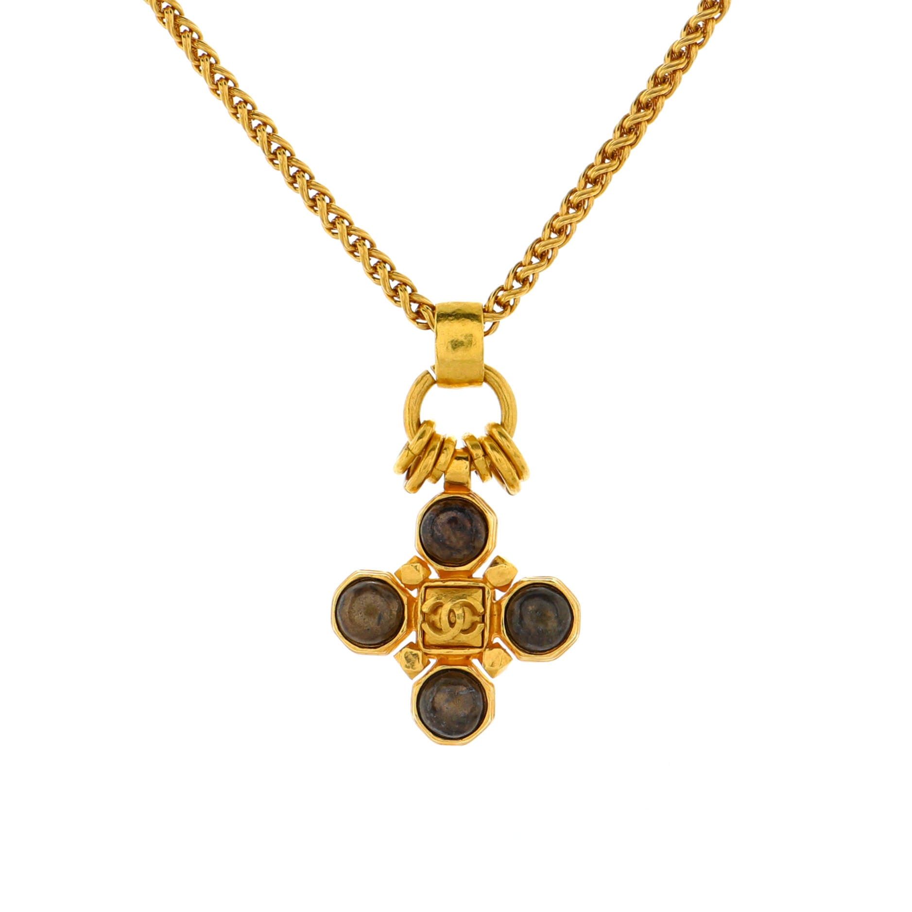 Vintage CC Cross Pendant Necklace Metal with Stone