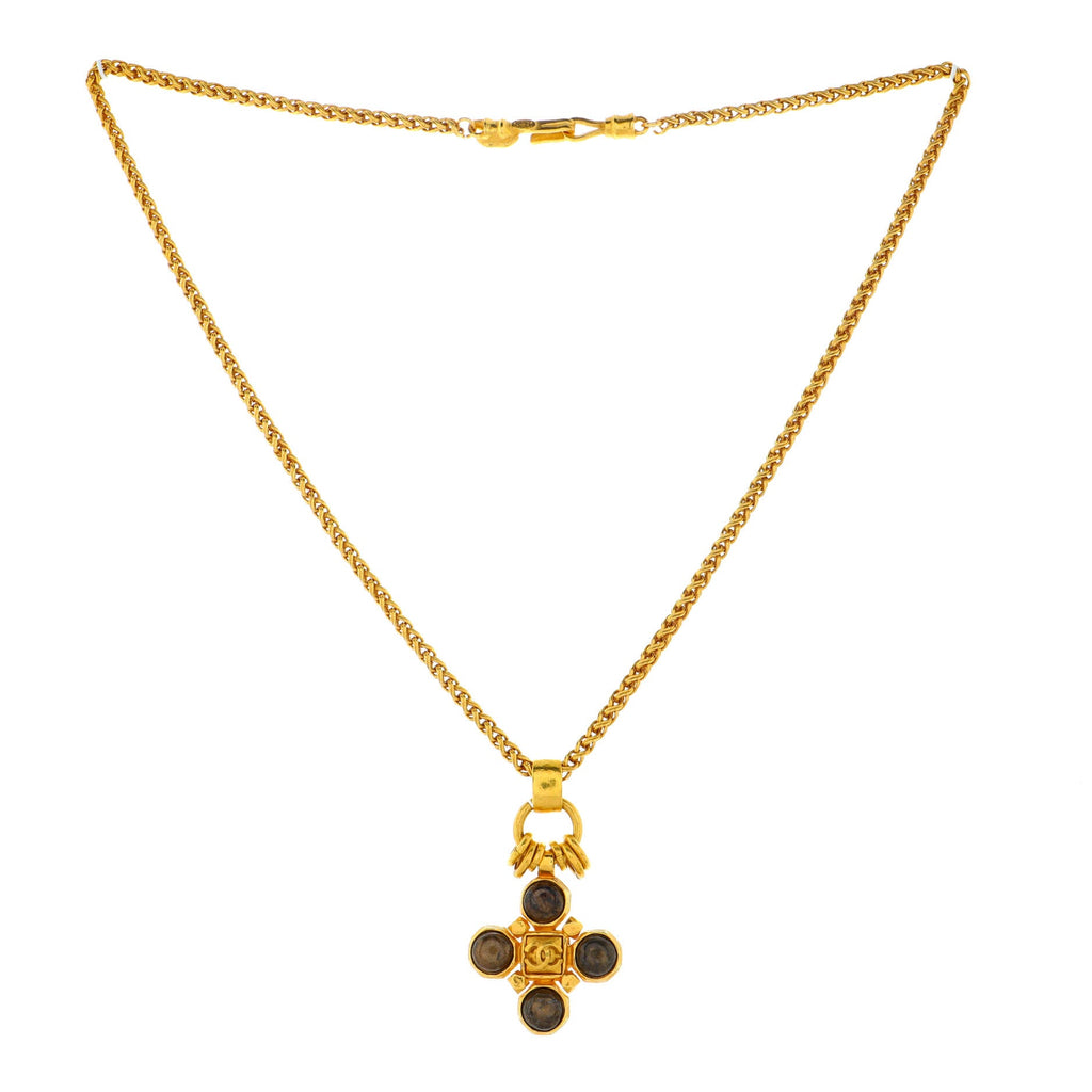 Vintage CC Cross Pendant Necklace Metal with Stone