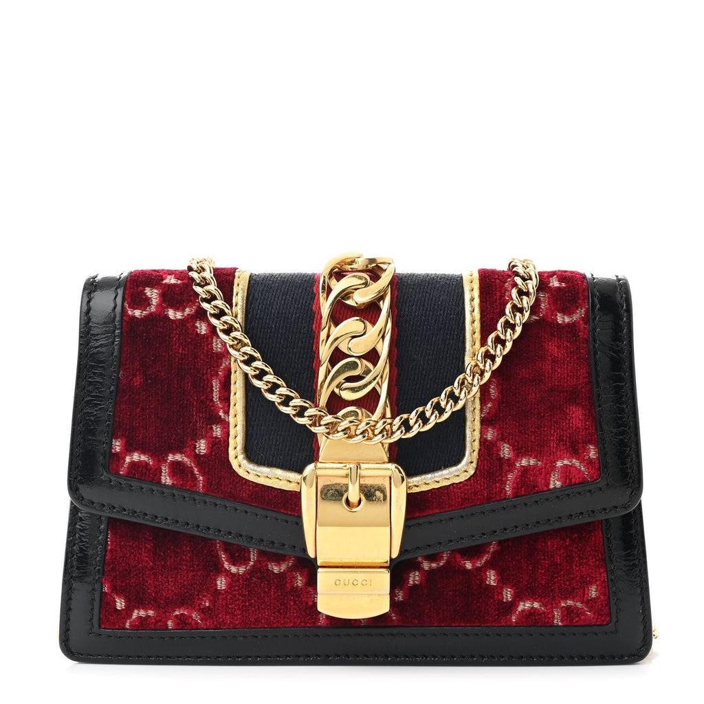 Velvet GG Monogram Super Mini Sylvie Chain Shoulder Bag Red Cipria Black