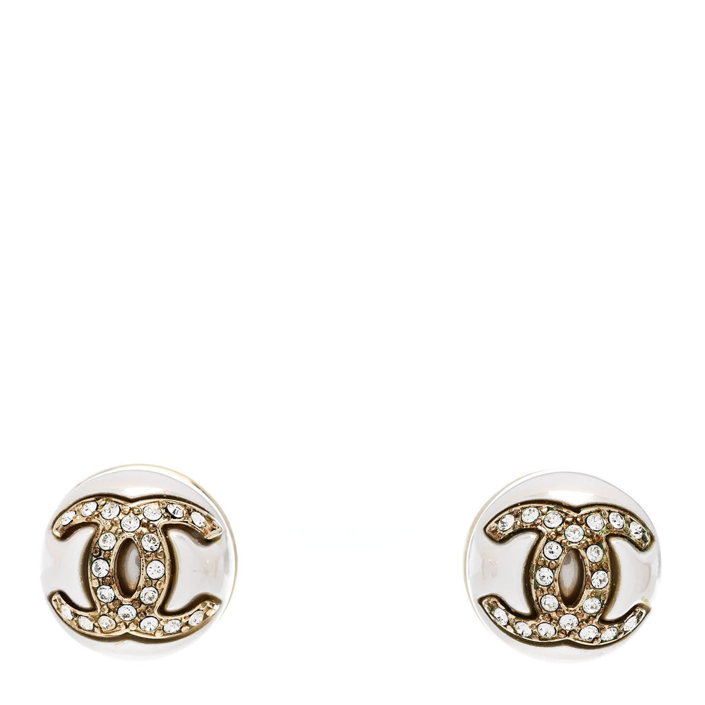 Pearl Crystal Metal CC Round Earrings Gold