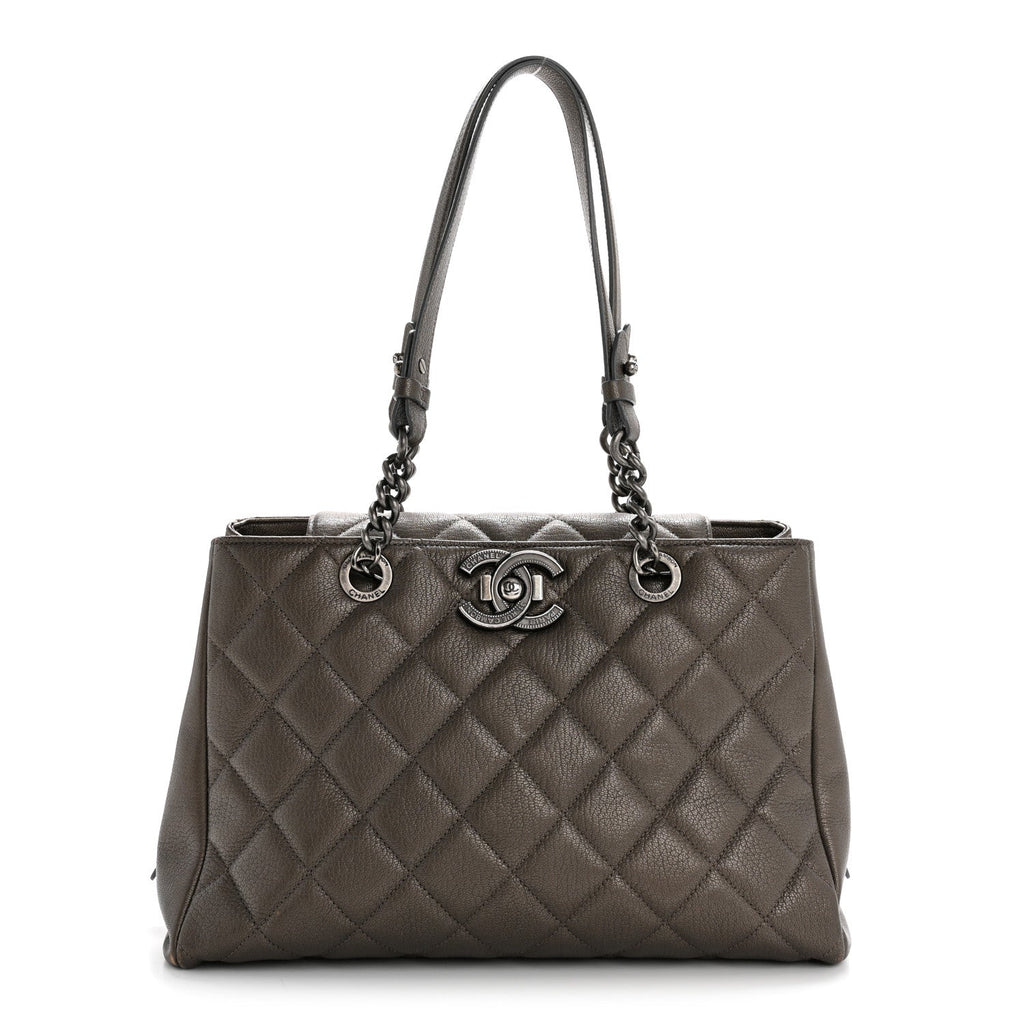 Metallic Goatskin Quilted Large City Rock Shopping Bag Silver