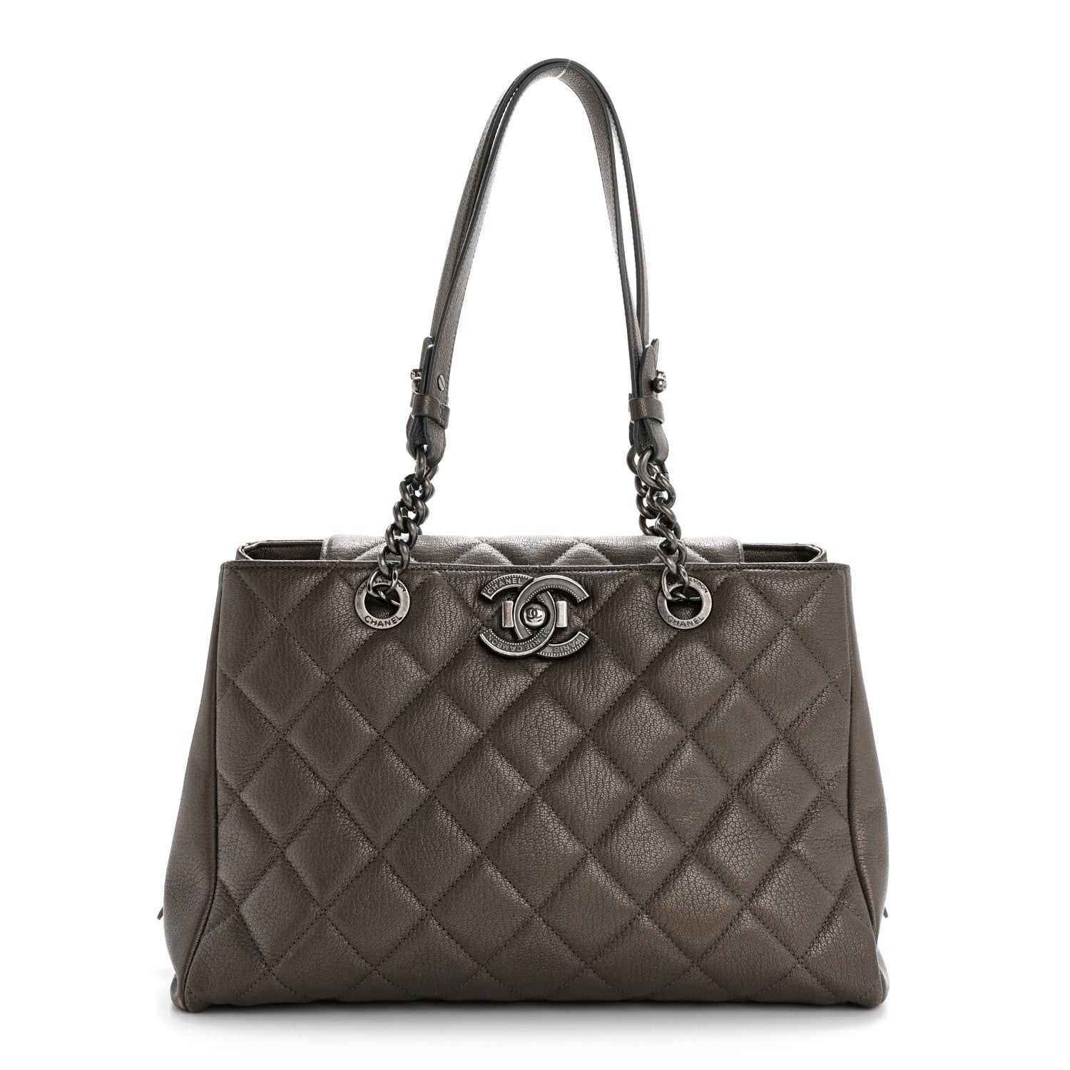 Metallic Goatskin Quilted Large City Rock Shopping Bag Silver
