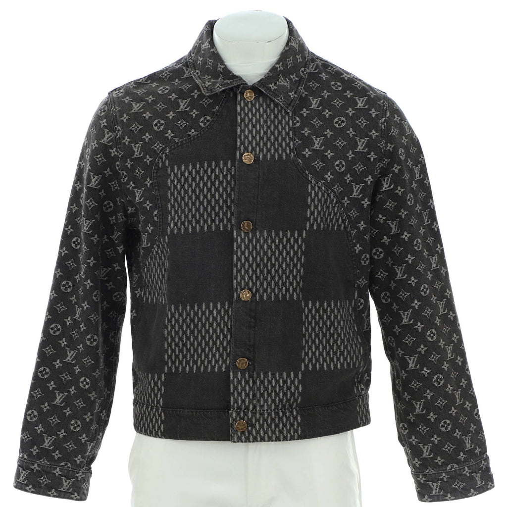 Men's Nigo Button Up Jacket Giant Damier Waves Monogram Denim
