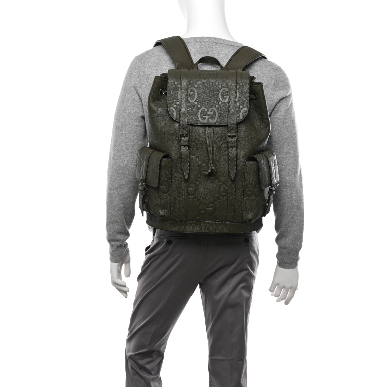 Piuma Calfskin Jumbo GG Embossed Double Buckle Backpack Dark Vintage Olive