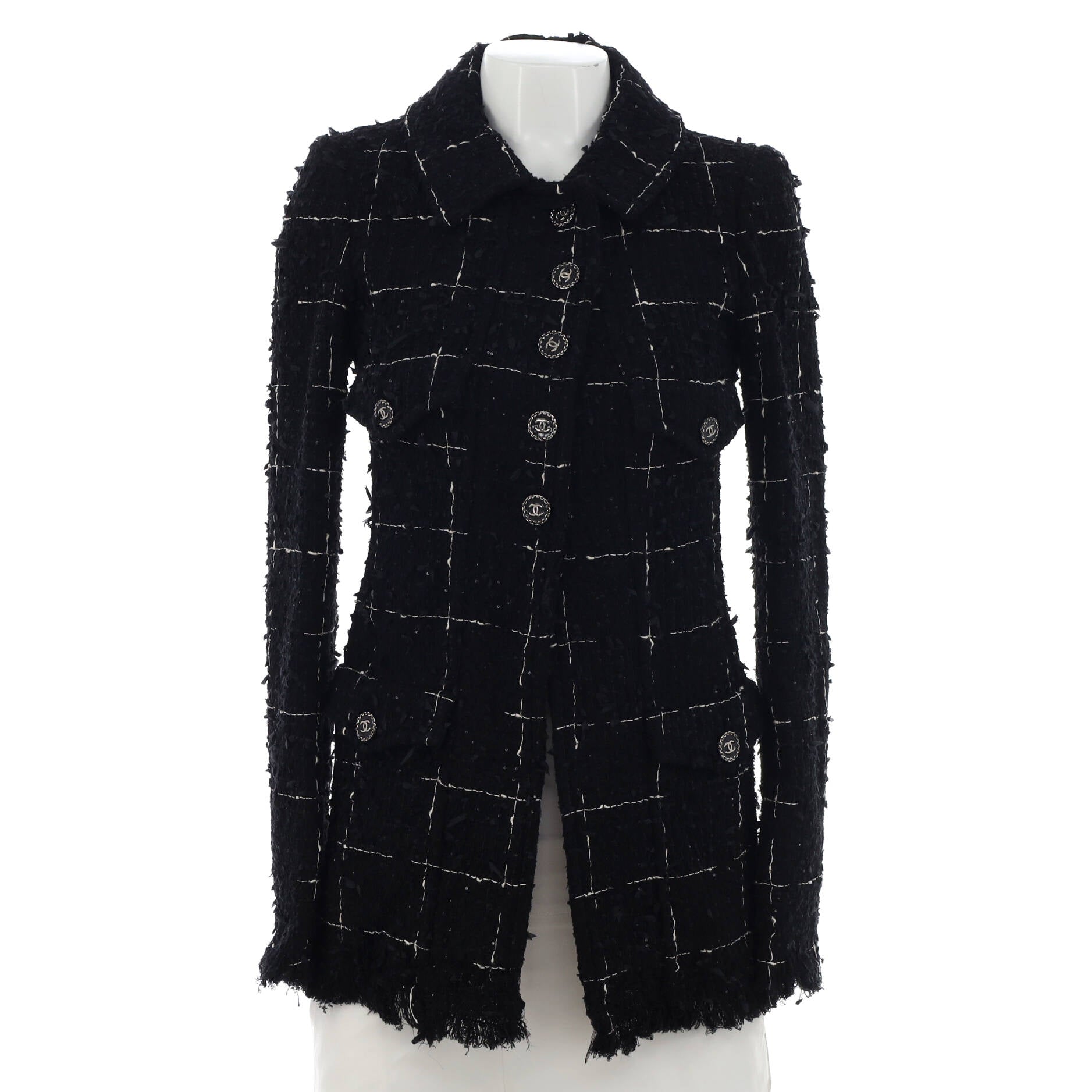 Women's Four Pocket Long Jacket Sequin Embellished Tweed