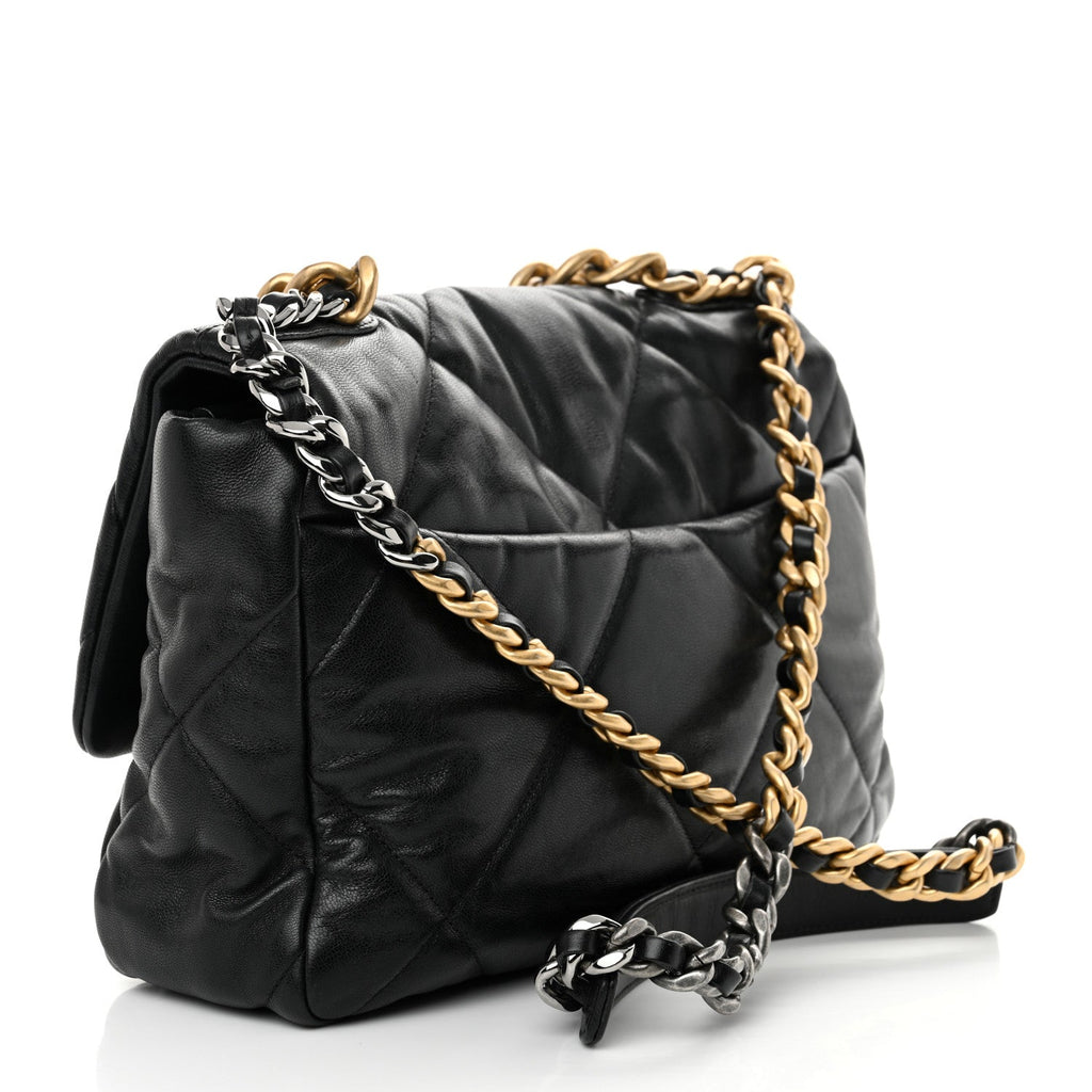 Shiny Goatskin Quilted Large Chanel 19 Flap Black