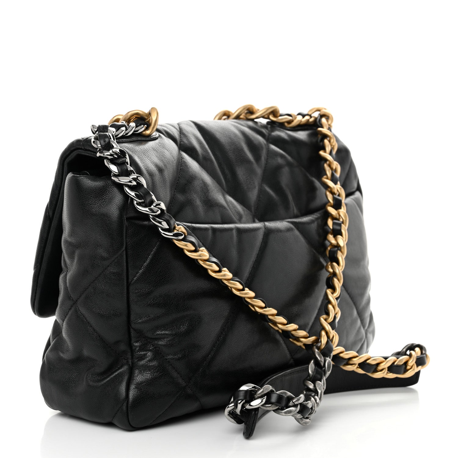 Shiny Goatskin Quilted Large Chanel 19 Flap Black