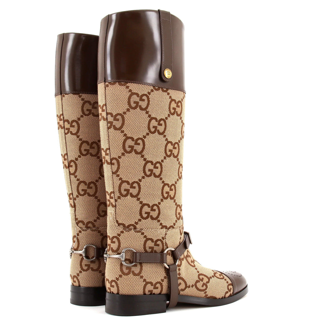 Women's Zelda Harness Cap Toe Riding Boots Jumbo GG Canvas with Leather