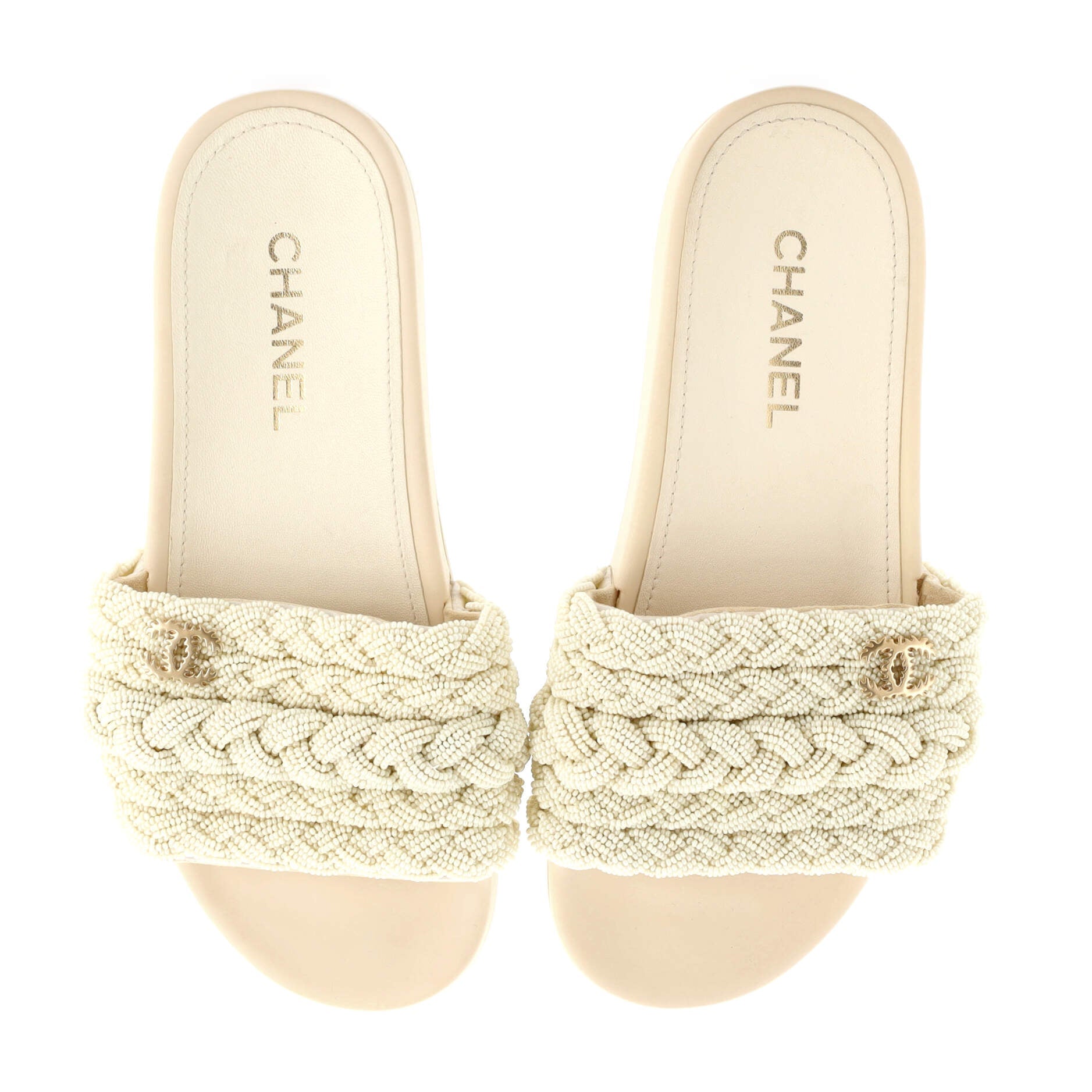 Women's CC Woven Slide Sandals Leather and Faux Pearls