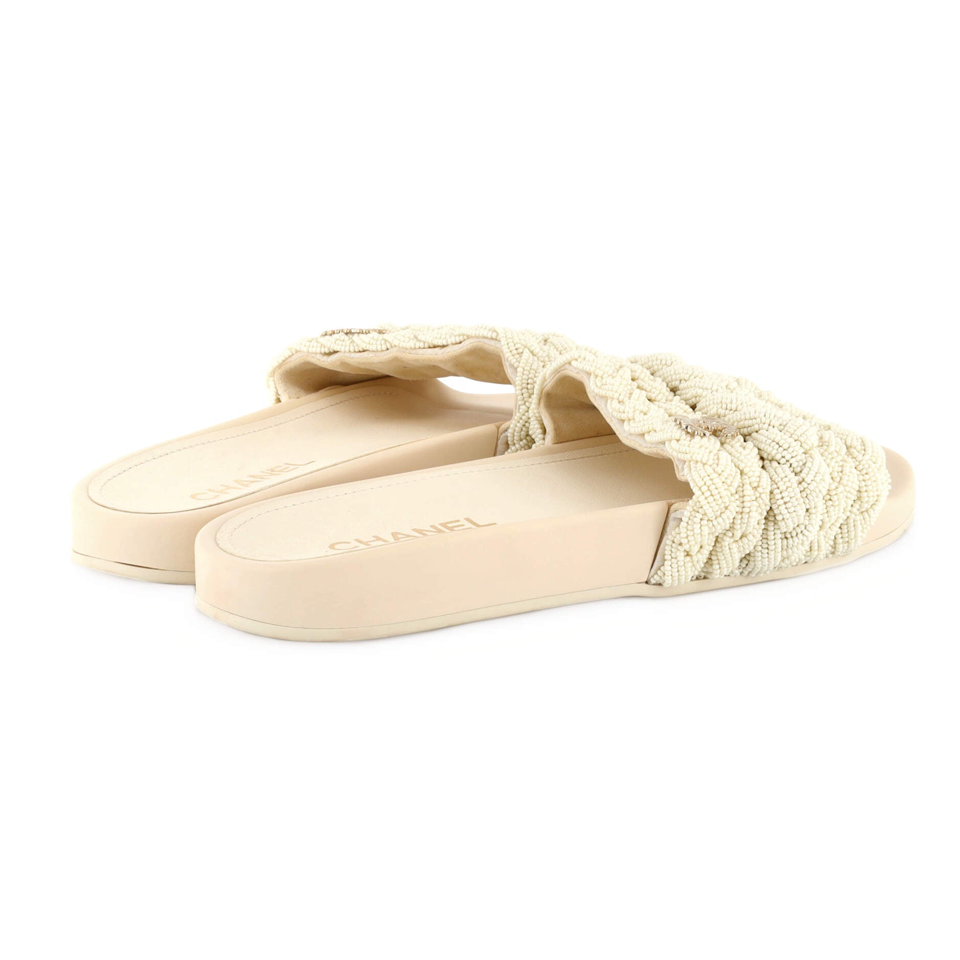 Women's CC Woven Slide Sandals Leather and Faux Pearls