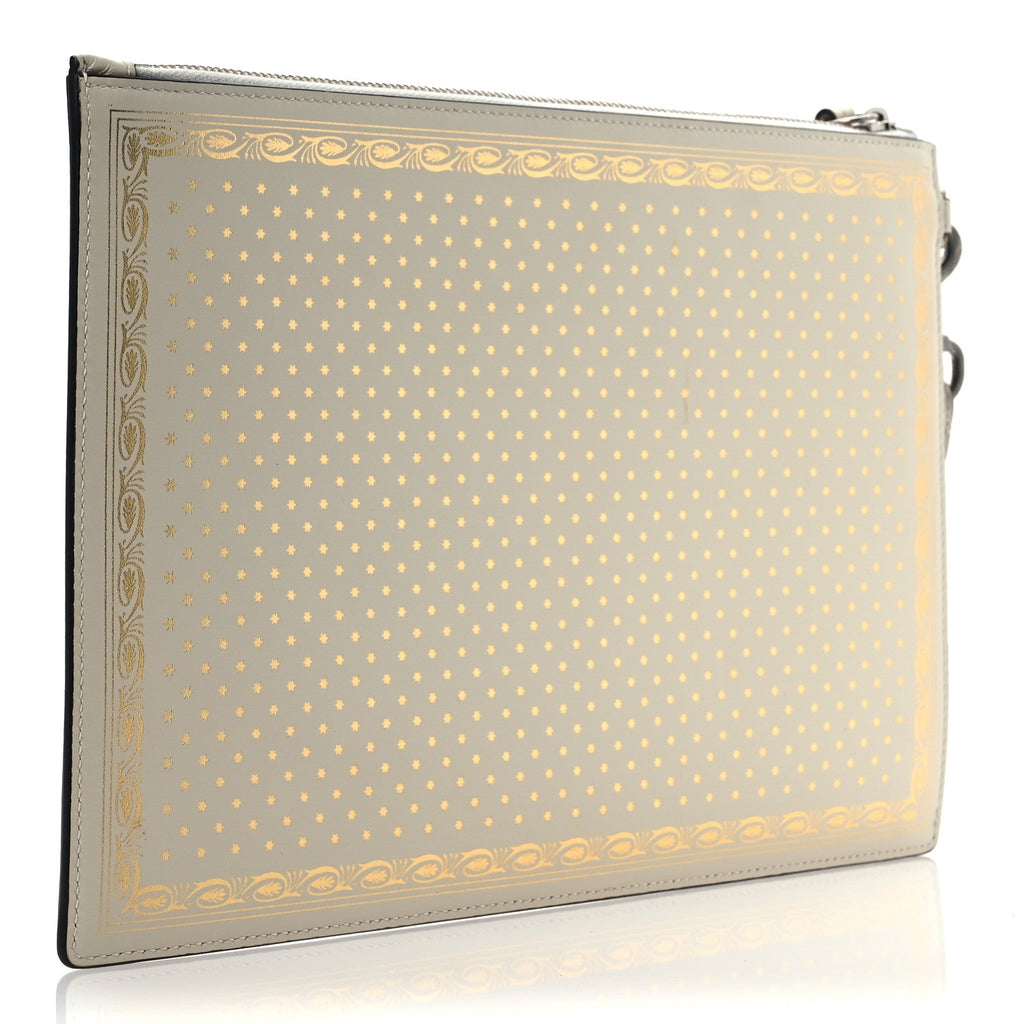 X SEGA Calfskin GUCCY Stars Zip Wristlet Pouch Mystic White Gold