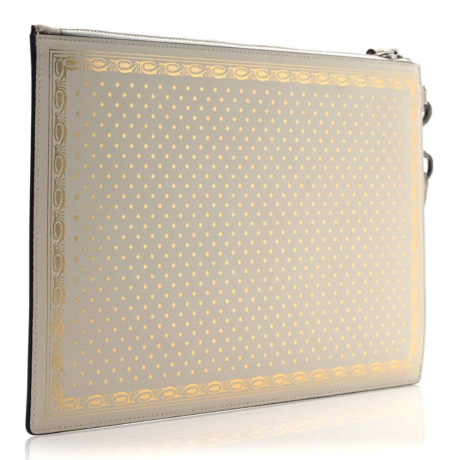 X SEGA Calfskin GUCCY Stars Zip Wristlet Pouch Mystic White Gold