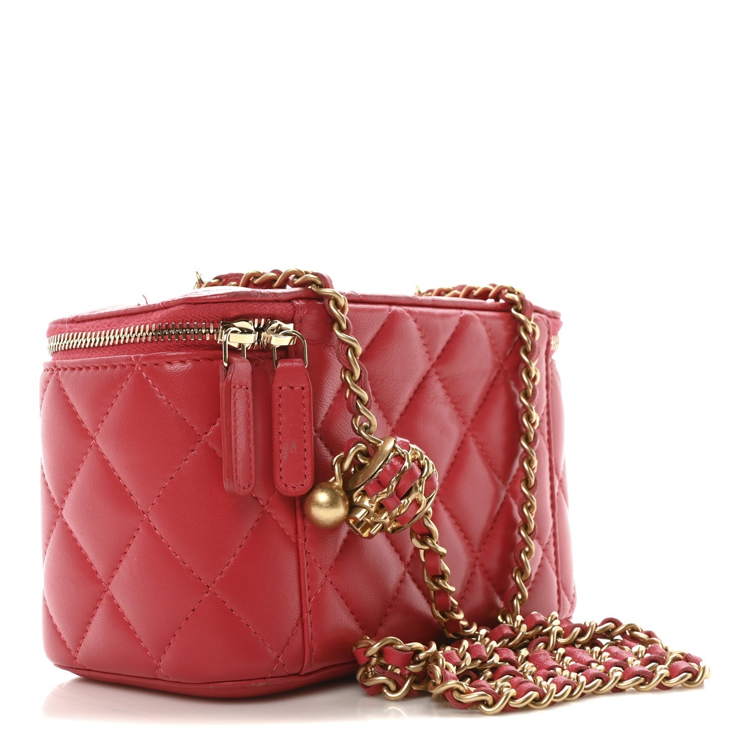 Lambskin Quilted Small Pearl Crush Vanity Case With Chain Red