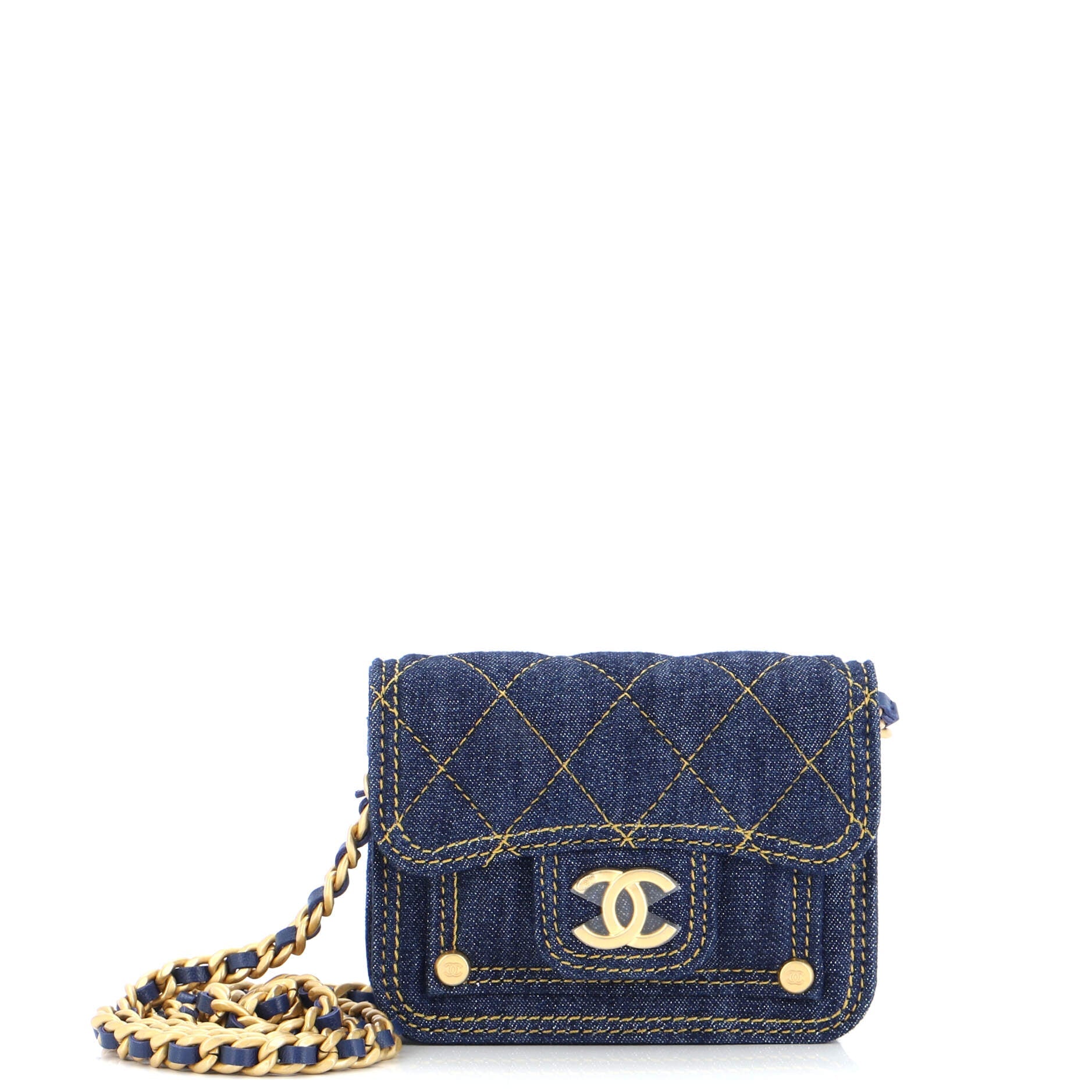 Double You CC Flap Clutch with Chain Quilted Denim