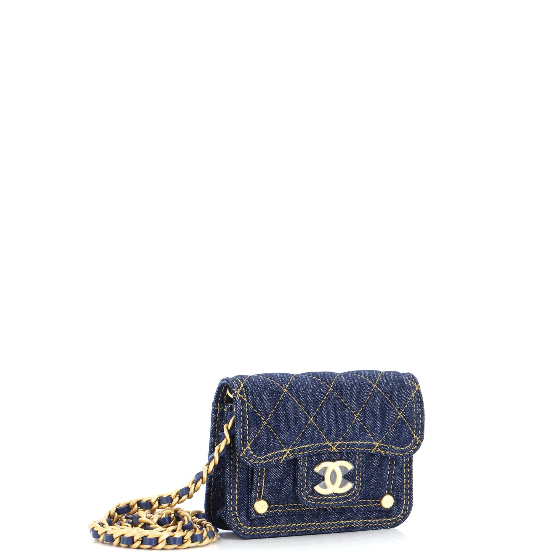 Double You CC Flap Clutch with Chain Quilted Denim