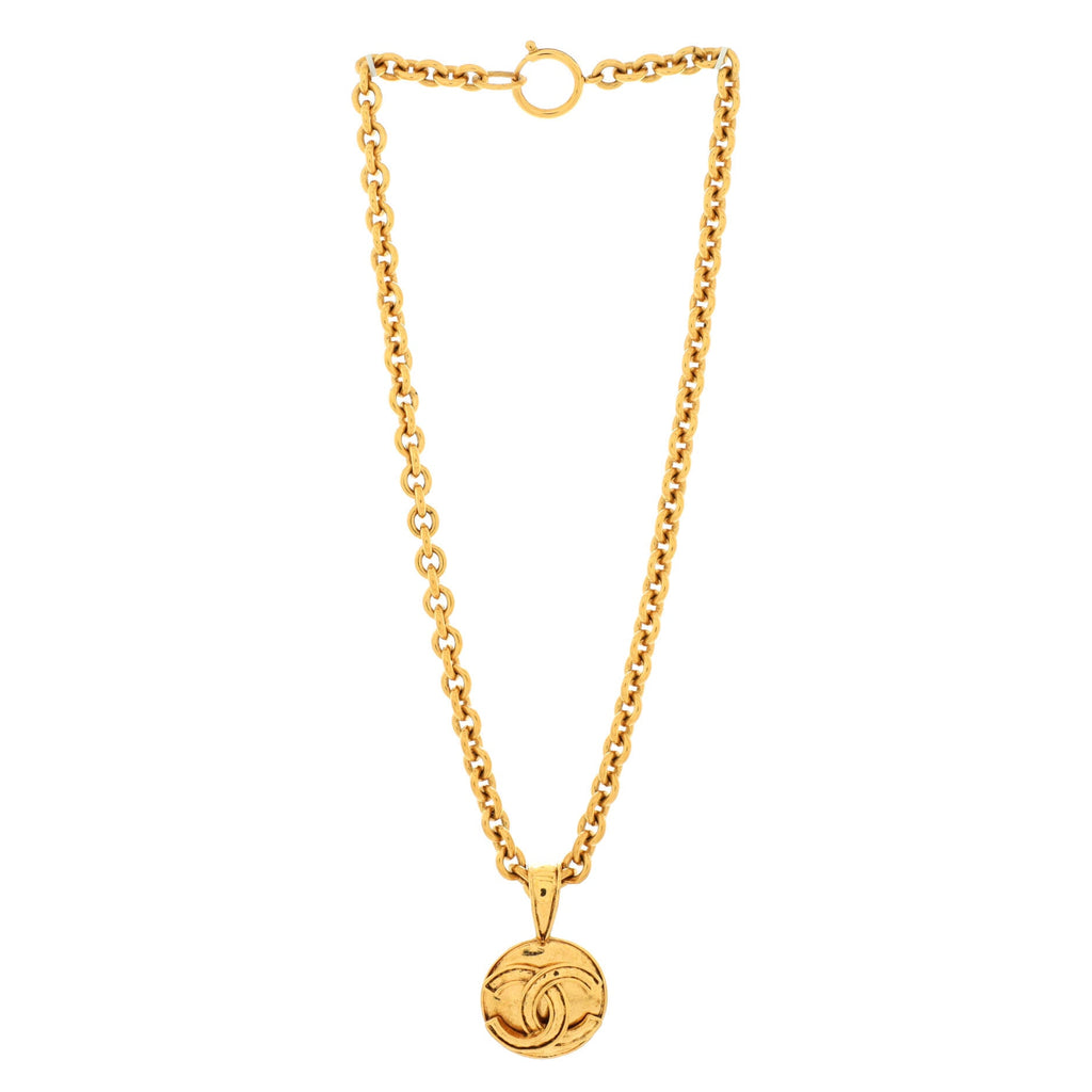 Vintage CC Round Pendant Long Necklace Metal