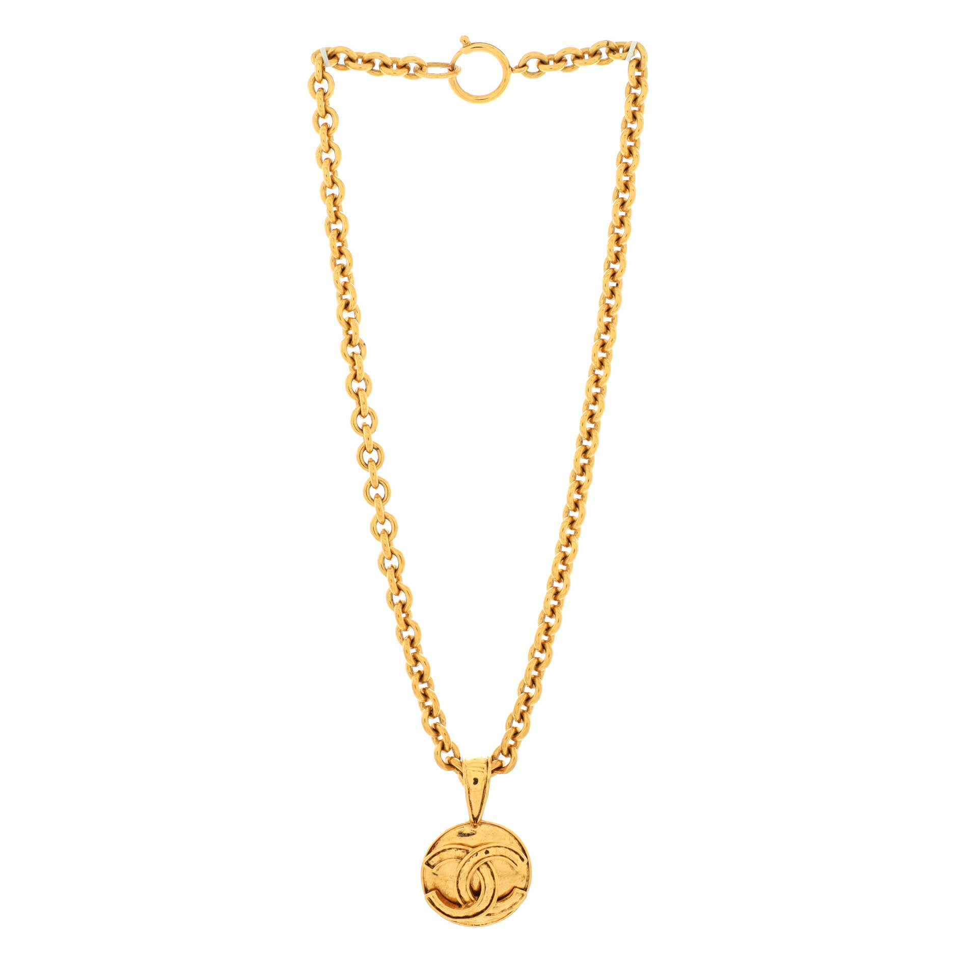 Vintage CC Round Pendant Long Necklace Metal