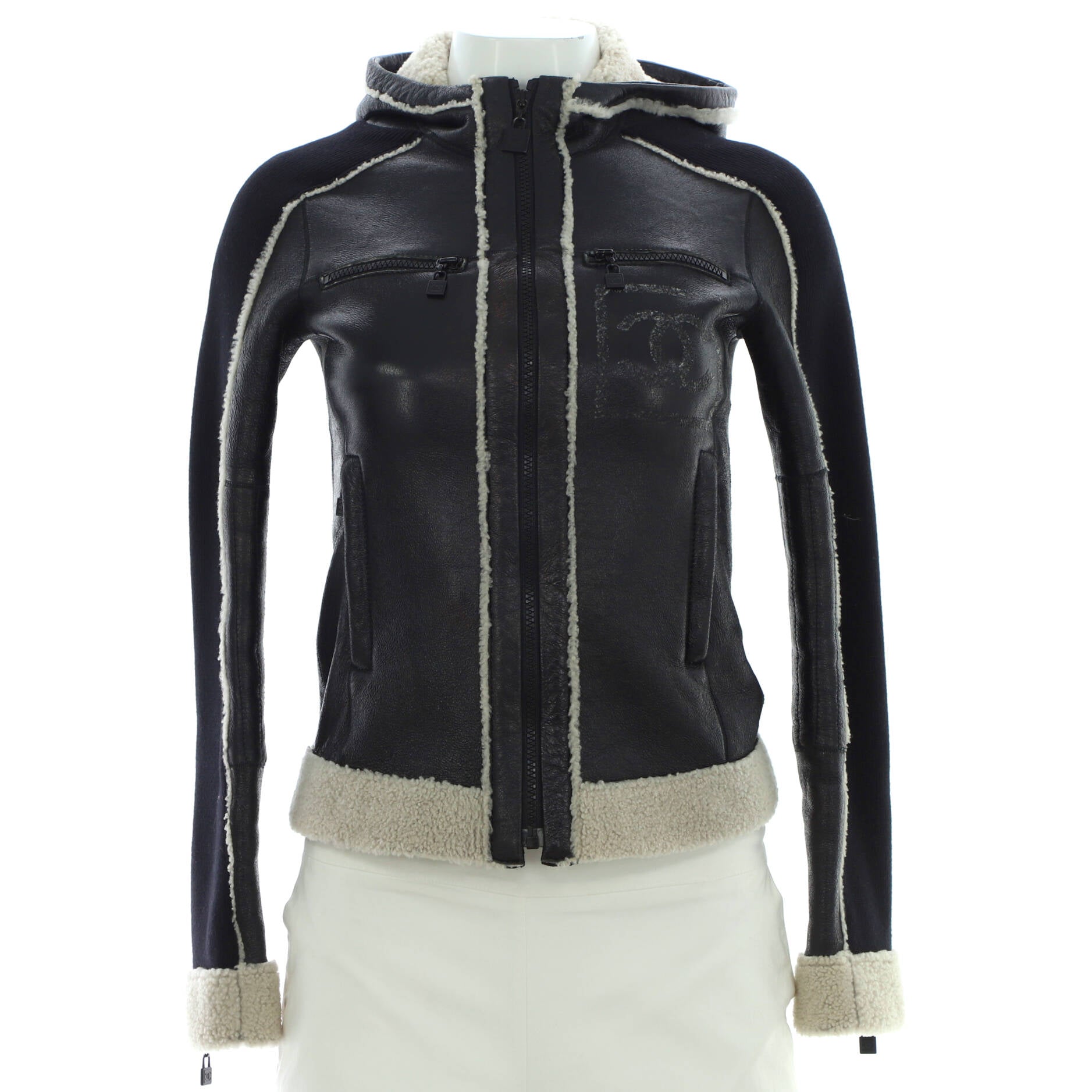 Women's Vintage Sport CC Hooded Zipped Jacket Lambskin with Shearling