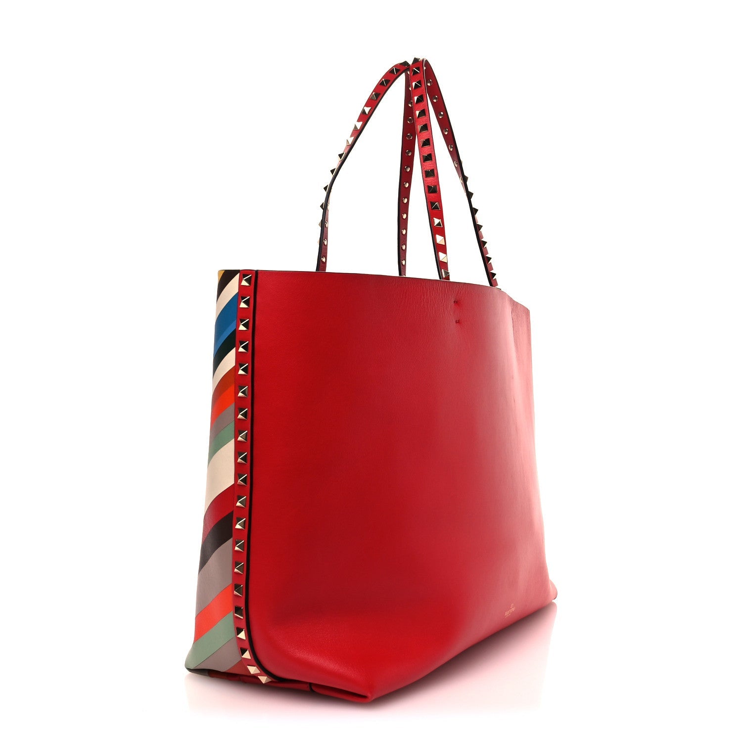 Calfskin Striped Large Rockstud Tote Red Multicolor