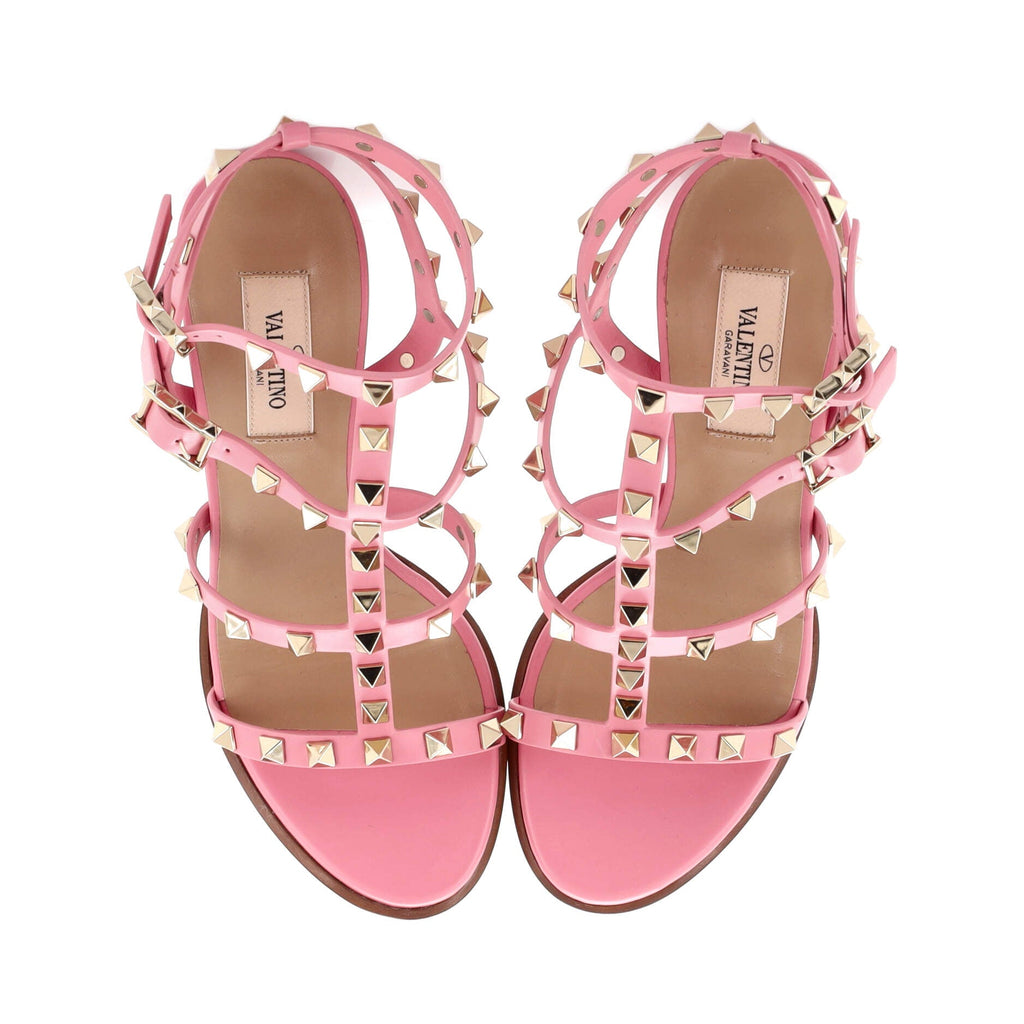 Women's Rockstud Caged Ankle Strap Block Heel Sandals Leather