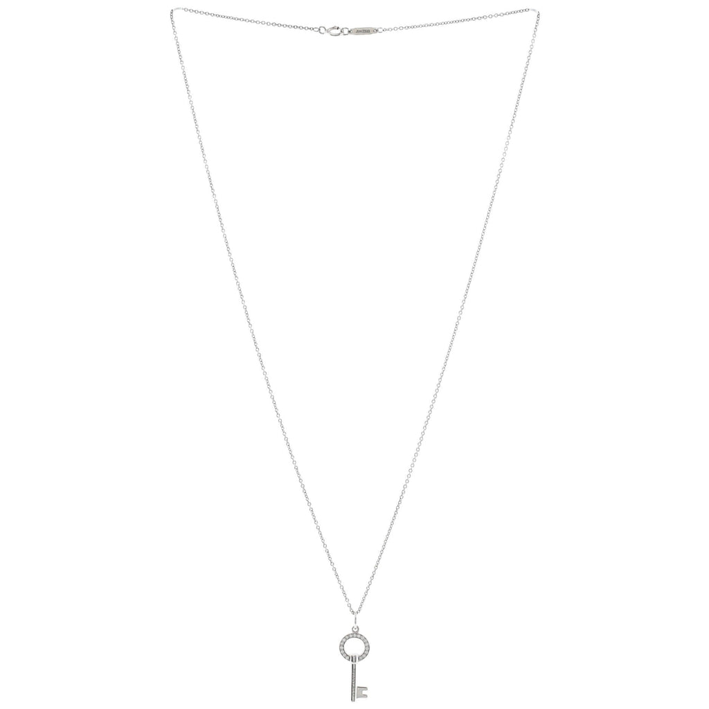 Modern Open Round Key Pendant Necklace 18K White Gold with Diamonds